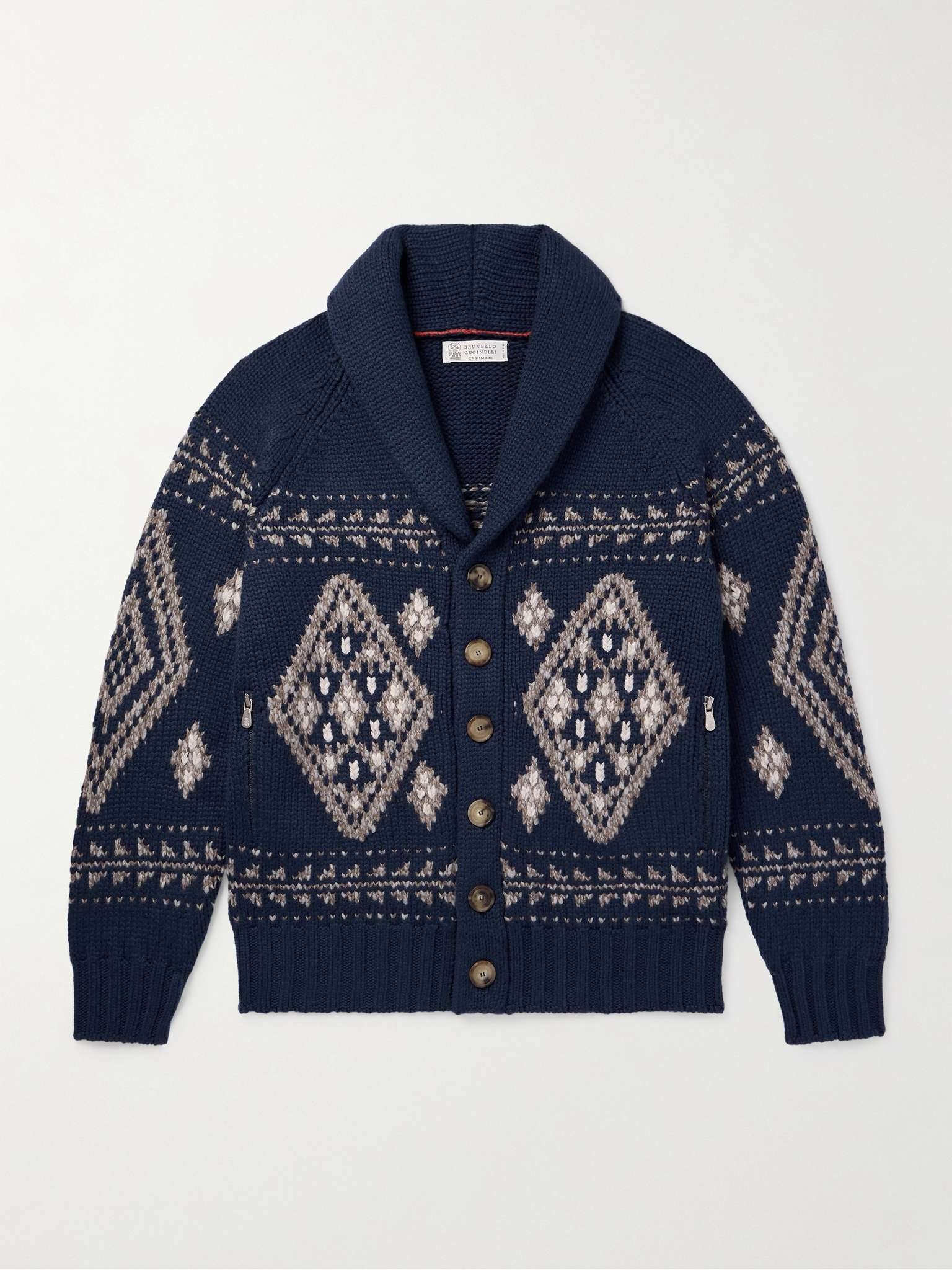 Shawl-Collar Jacquard-Knitted Cashmere Cardigan - 1