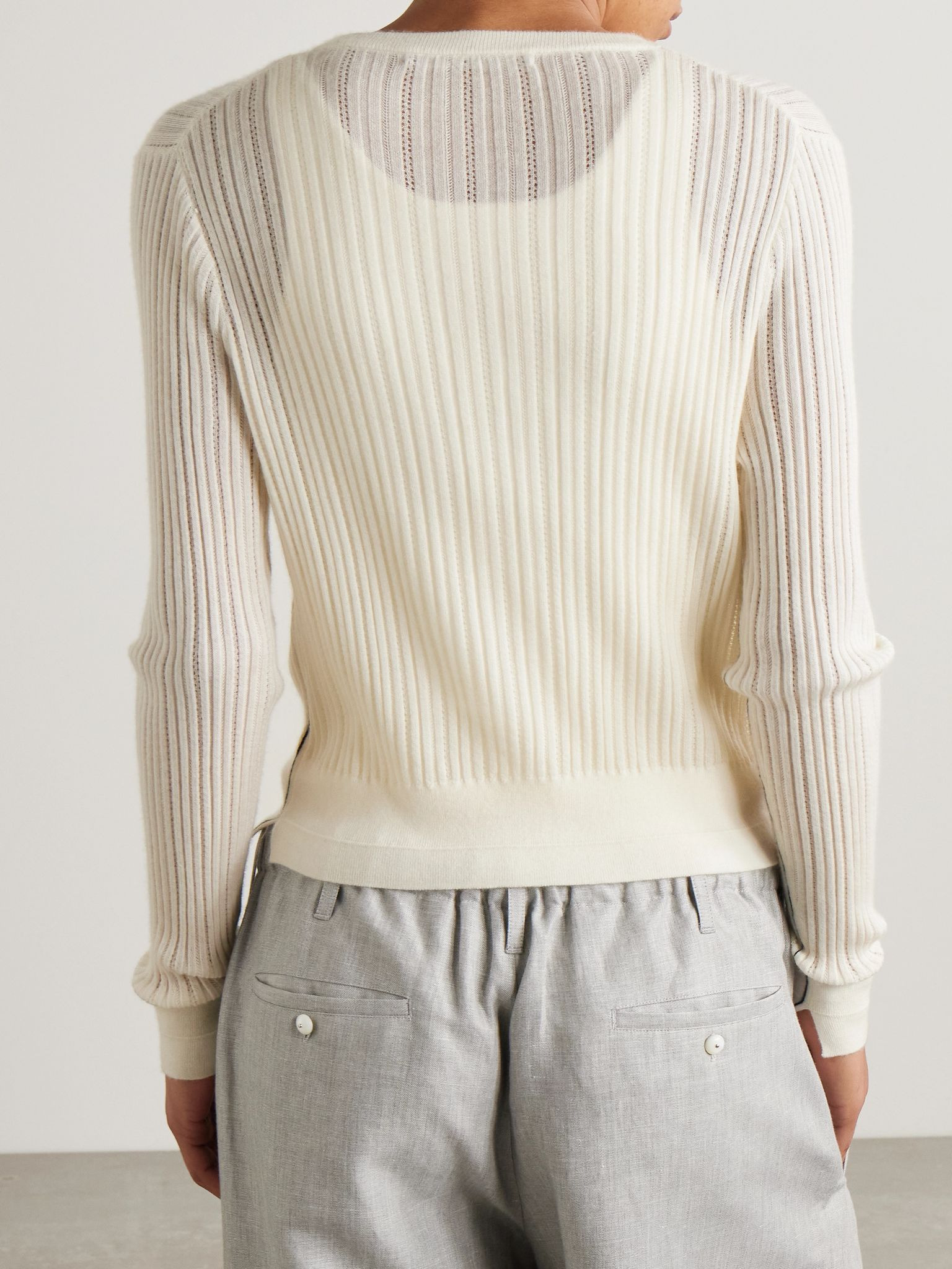 Ribbed pointelle-knit merino wool cardigan Ivory - 4