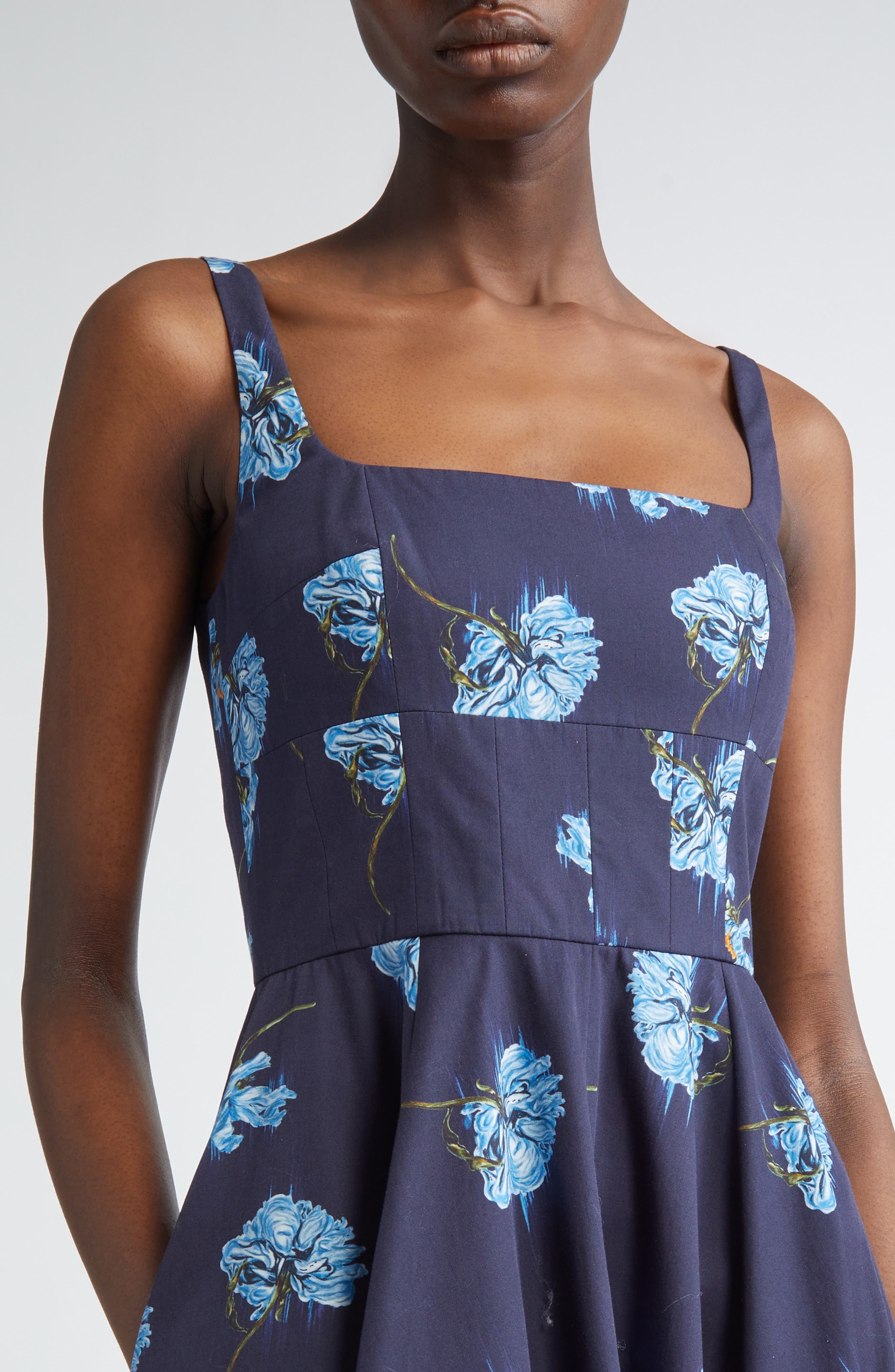 Emilia Wickstead Mona Floral Cotton Poplin Midi Sundress in Blue Flowers On Navy at Nordstrom - 4