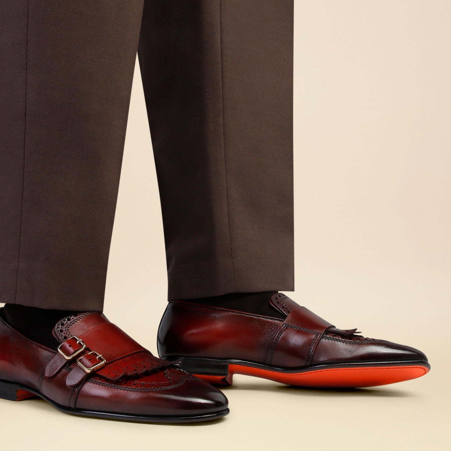 Men's red leather double-buckle loafer with fringe - 2