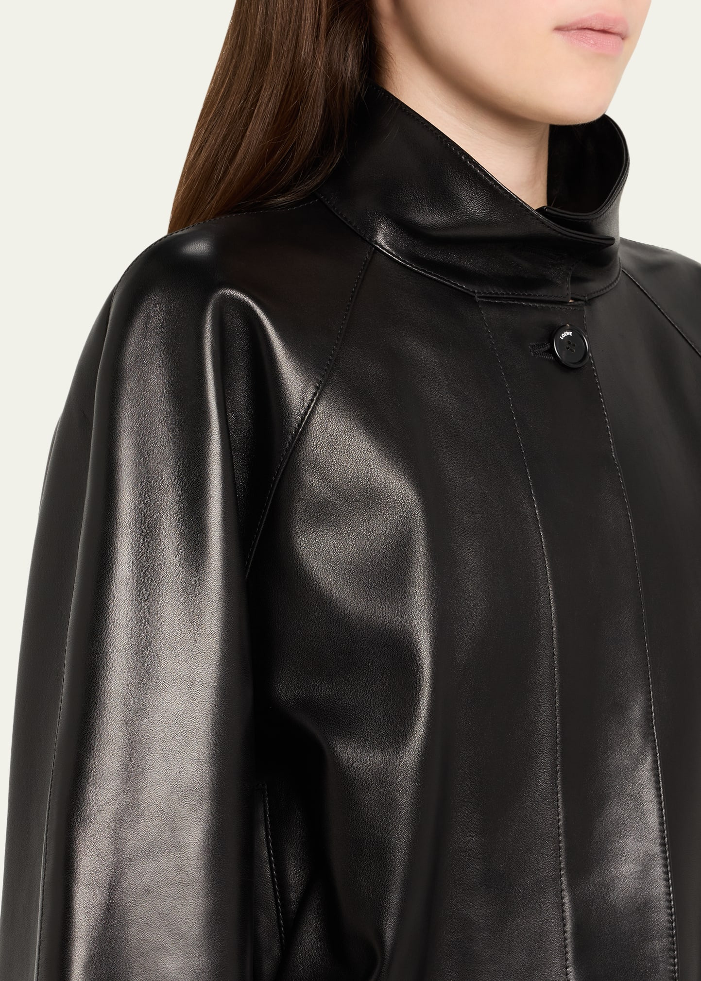 High-Neck Leather Belted Crop Trench Jacket - 5