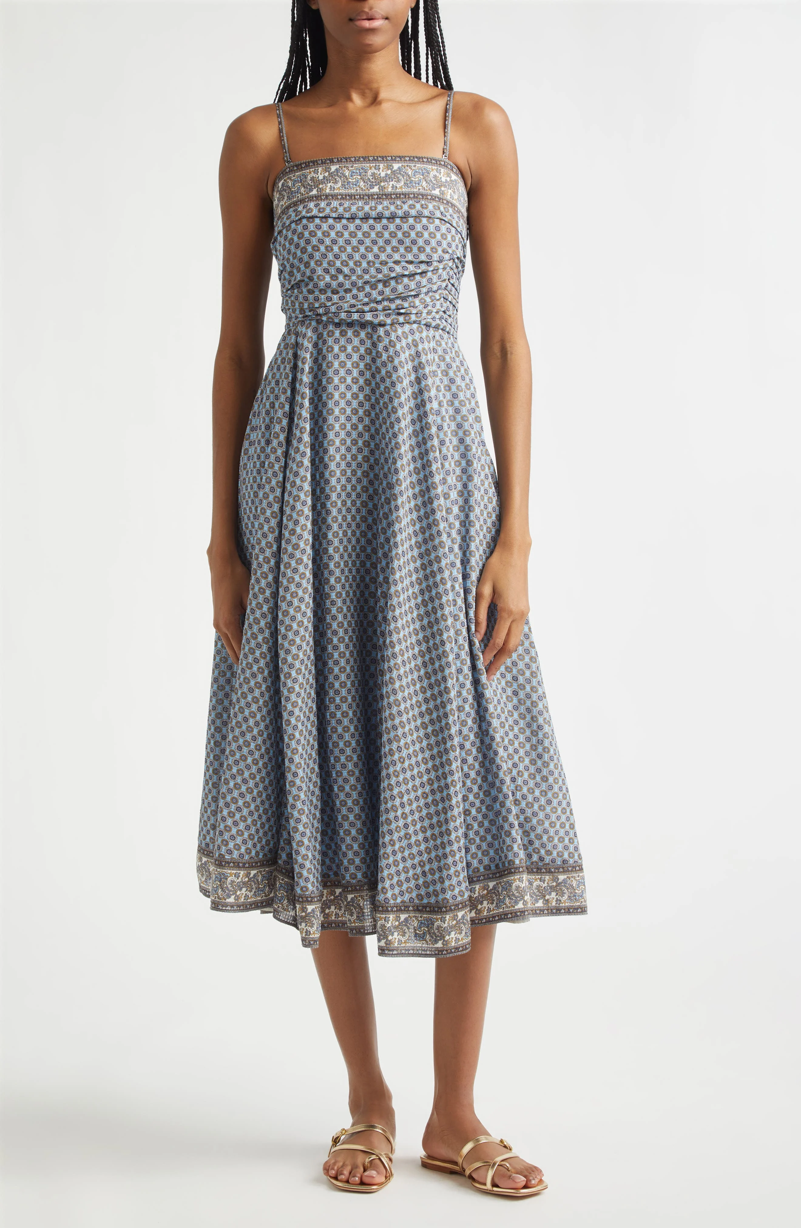Veronica Beard Lana Ruched Medallion & Paisley Print Midi Dress in Blue Jay Multi at Nordstrom - 1