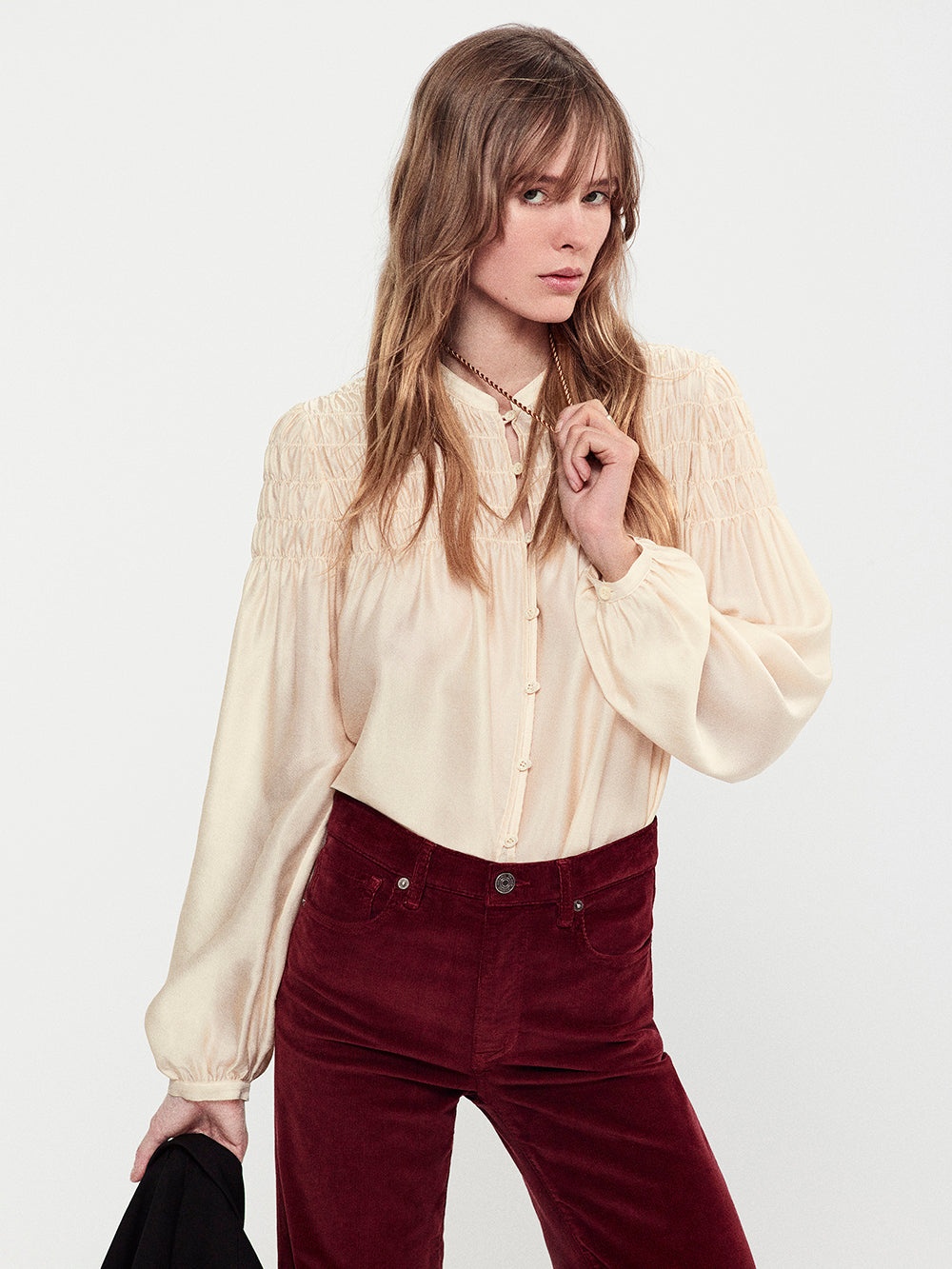Smocked Collarless Blouse in Champagne - 2