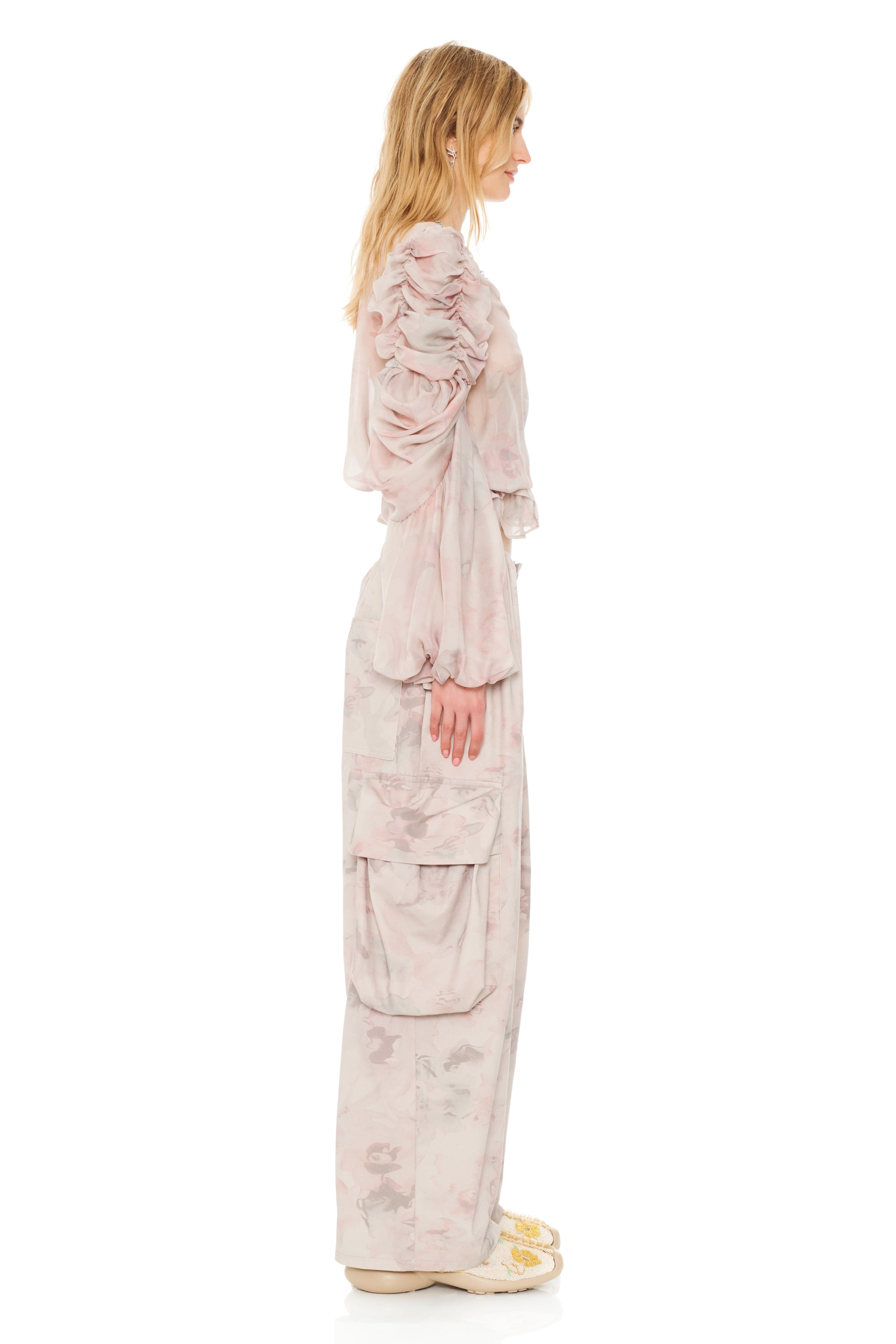 WASHED BEIGE WATERCOLOR ROSES PLEATED CARGO PANT - 5