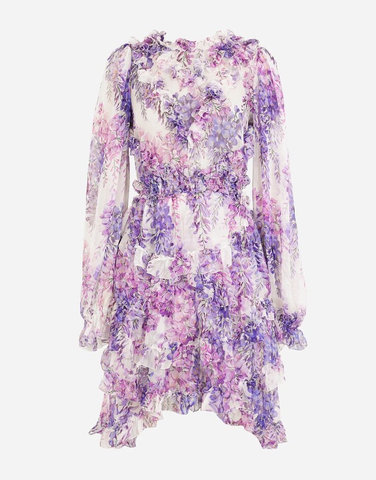 Short wisteria-print chiffon dress with ruches - 3