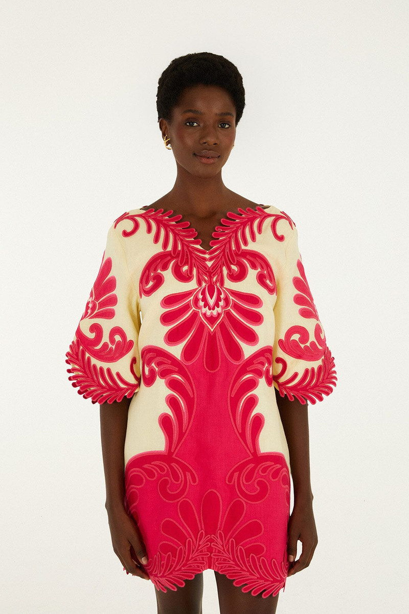Pink Spring Arabesc Embroidered Euroflax Premium Linen Mini Dress 1