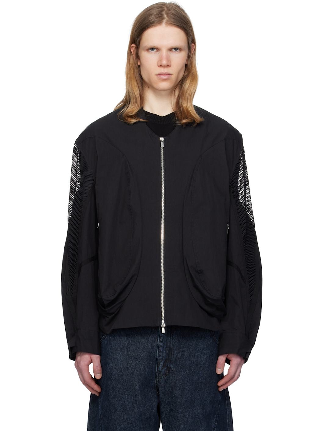 Black Draped Pocket Mesh Sleeve Bomber Jacket - 1