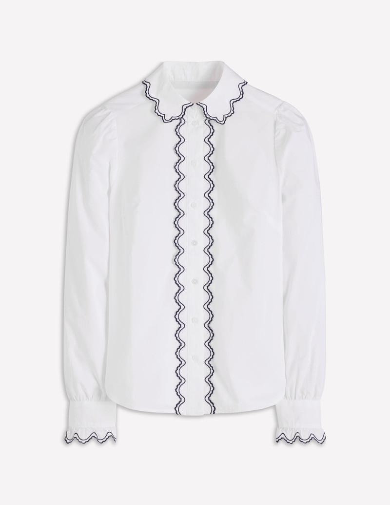 Embroidered Cotton Shirt-White, Navy Embroidery 1