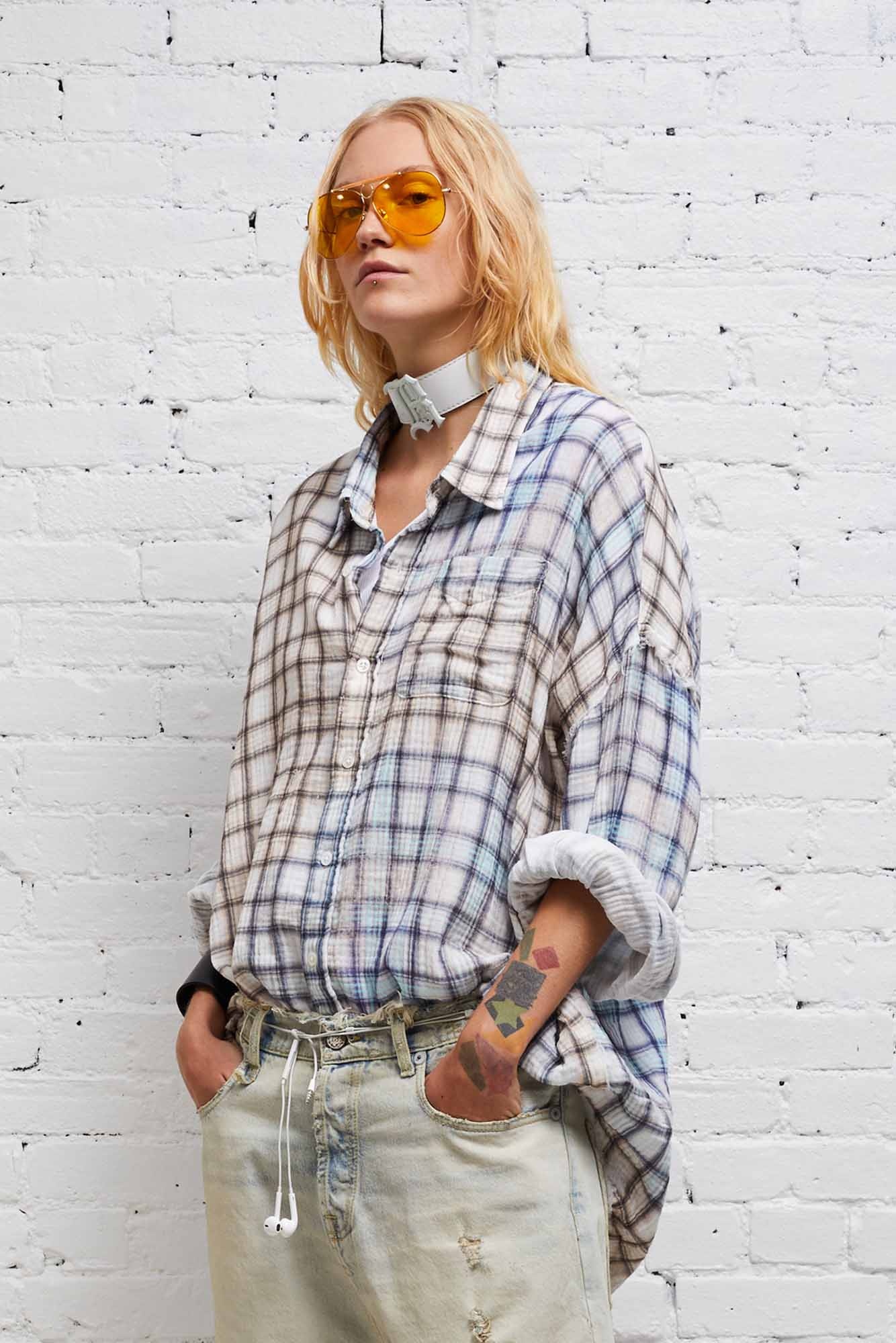SHREDDED SEAM DROP NECK SHIRT - BLEACHED PLAID - 1