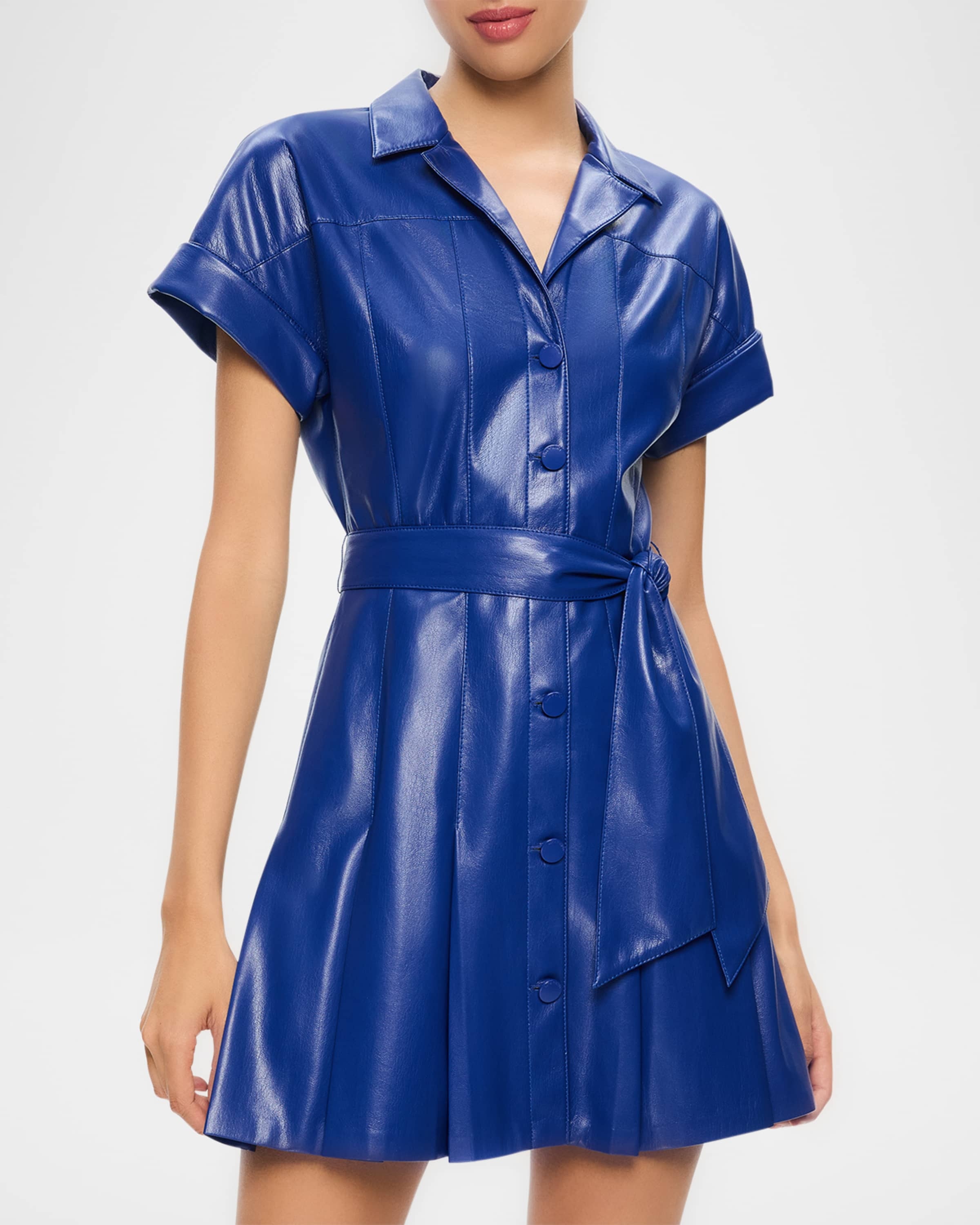 Shirley Short-Sleeve Vegan Leather Pleated Mini Shirtdress - 2