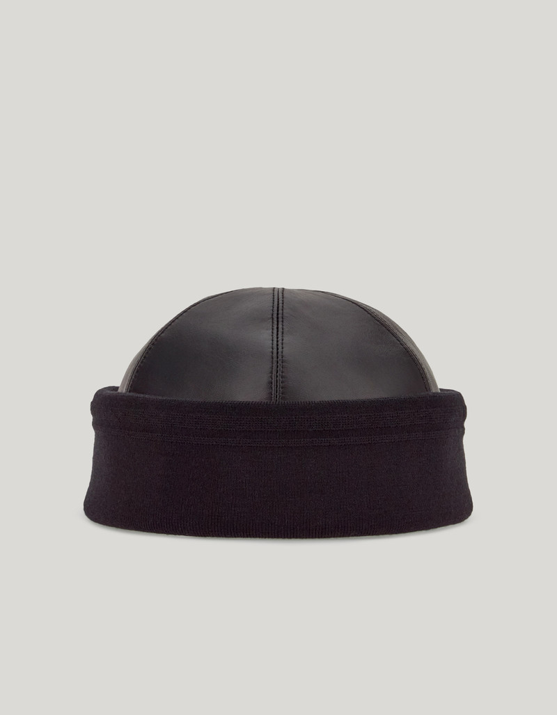 BLACK LEATHER BEANIE WITH KNIT BAND AND LOGO TAG 4