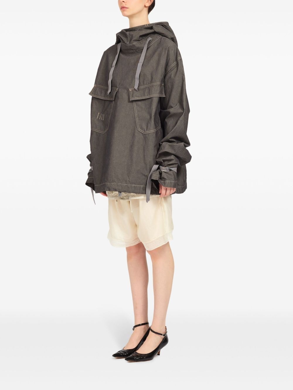 hooded drawstring-waist denim jacket - 7