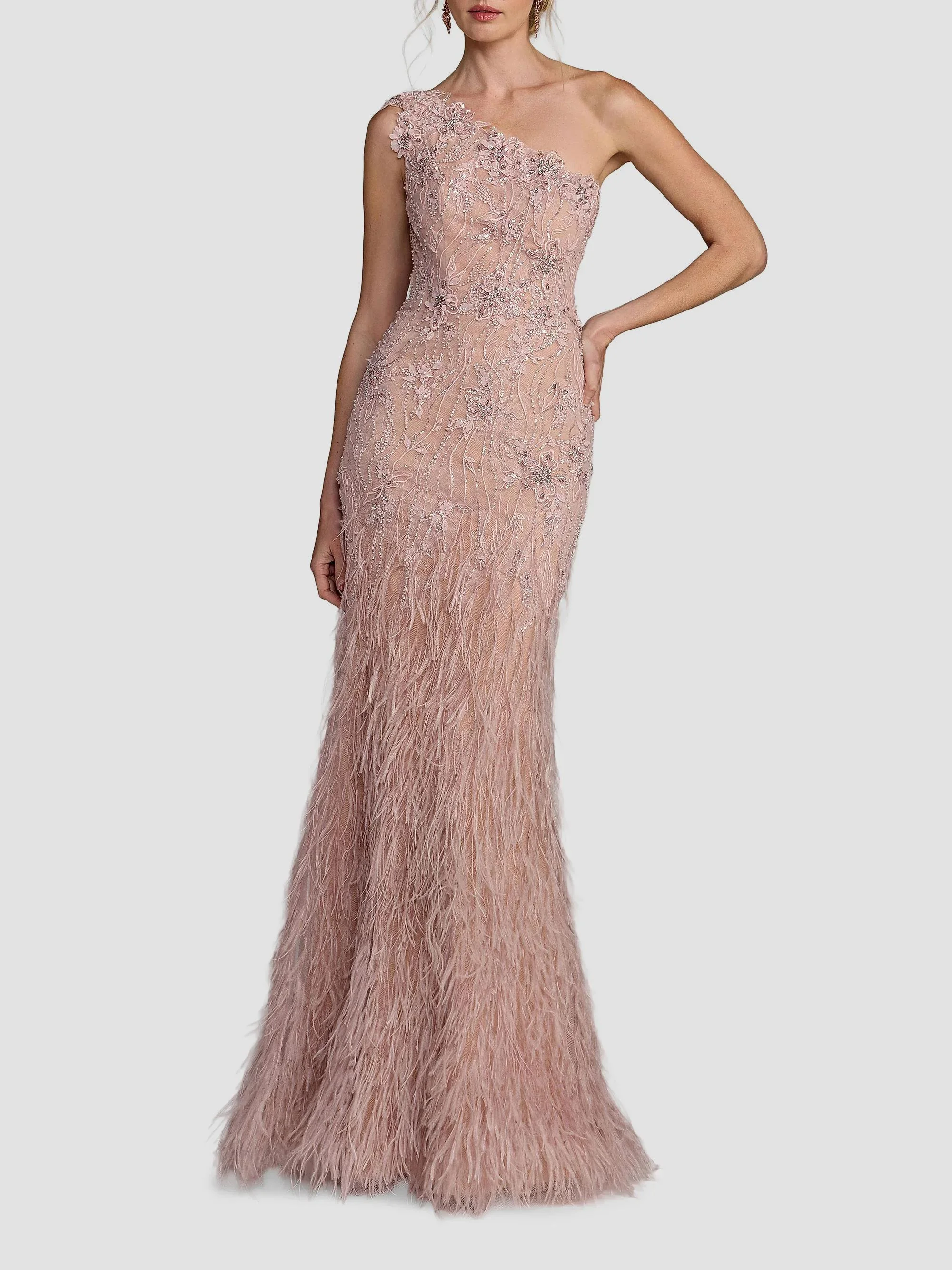 Women's Embellished Lace One-Shoulder Feather Gown - Vintage Lilac - 1