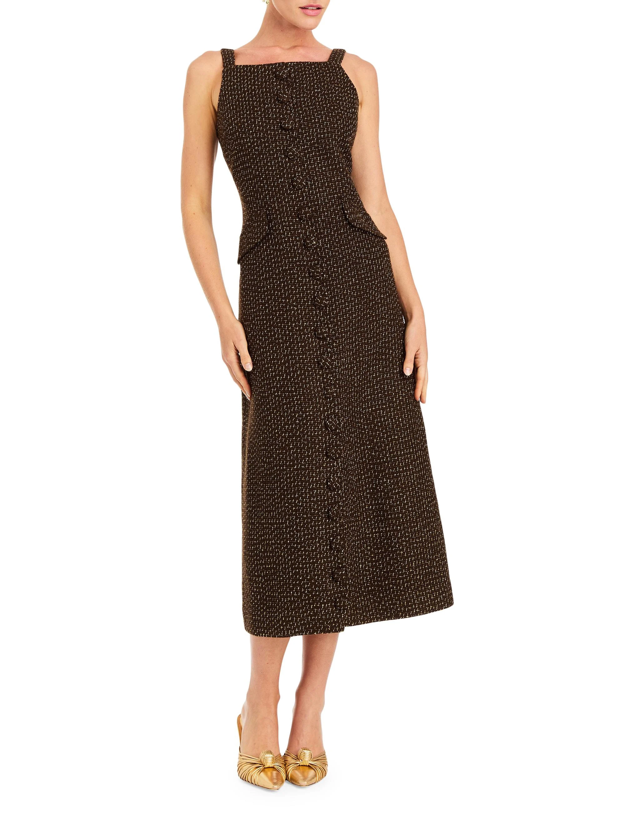 Women's Espresso Sleeveless Tweed Midi-Dress - Chestnut Gold - 1