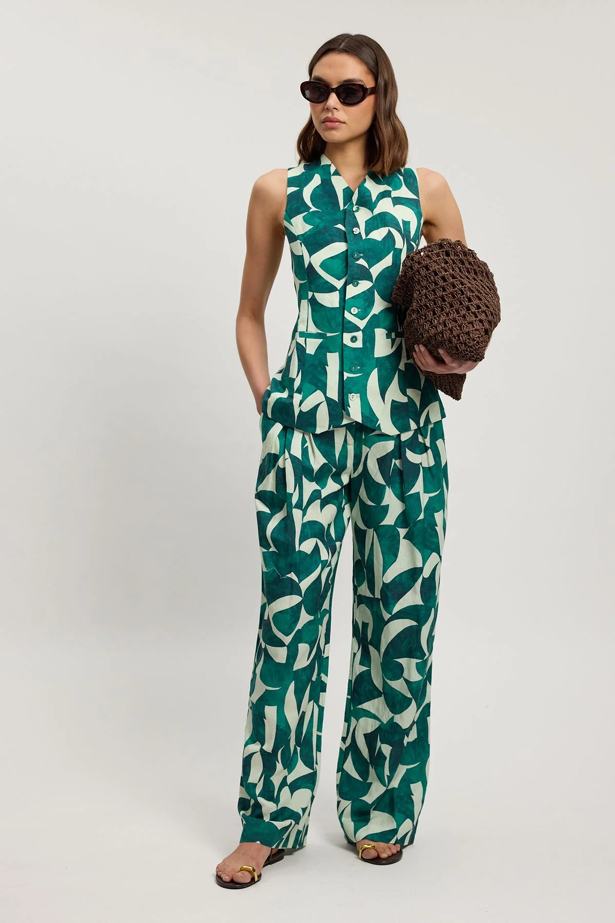 Linen geo print pleat and pocket detail woven straight leg trouser - 1