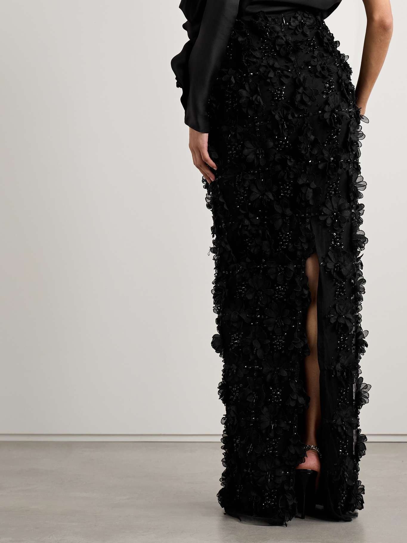 Appliquéd bead-embellished tulle maxi skirt Black - 3
