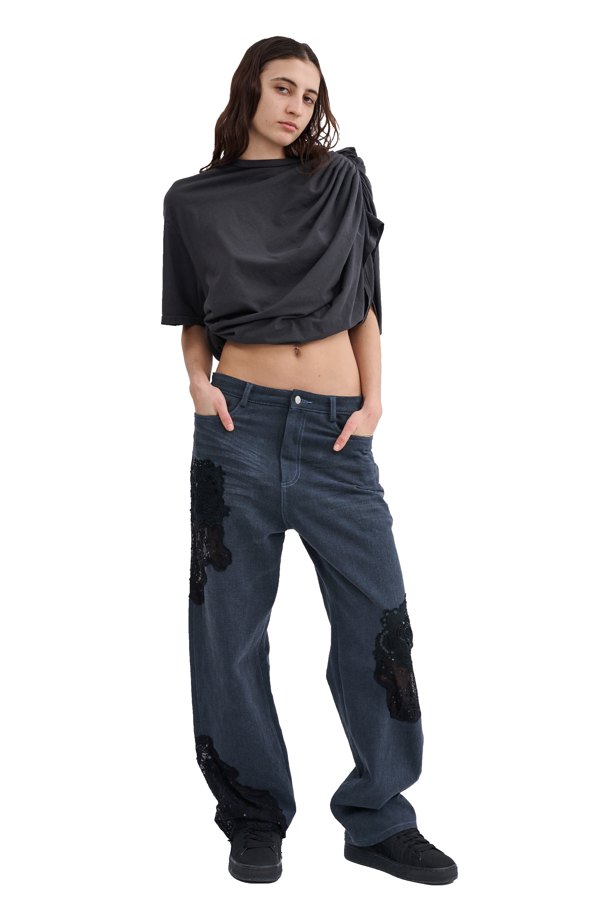 WORN BLACK EVA DRAPED TEE - 2