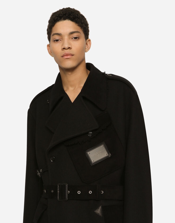 Double-breasted baize trench coat with logo label - 4