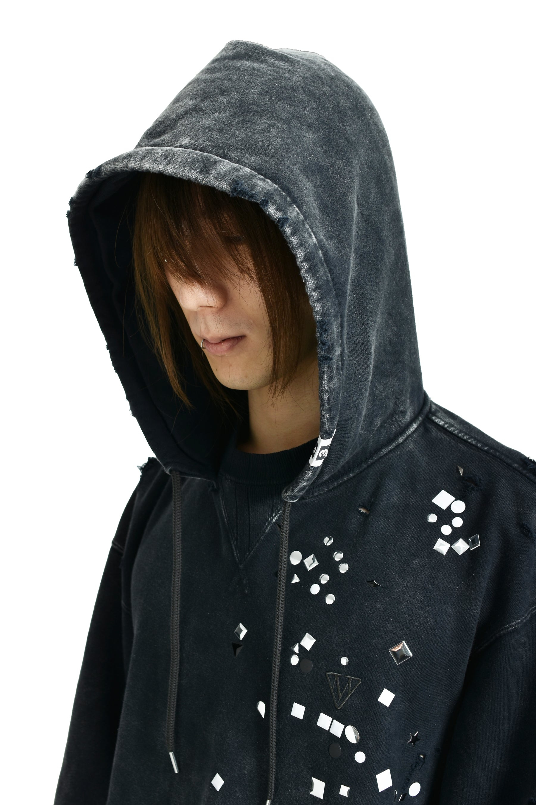 EMBELLISHED BLEACHED HOODIE / BLK - 4