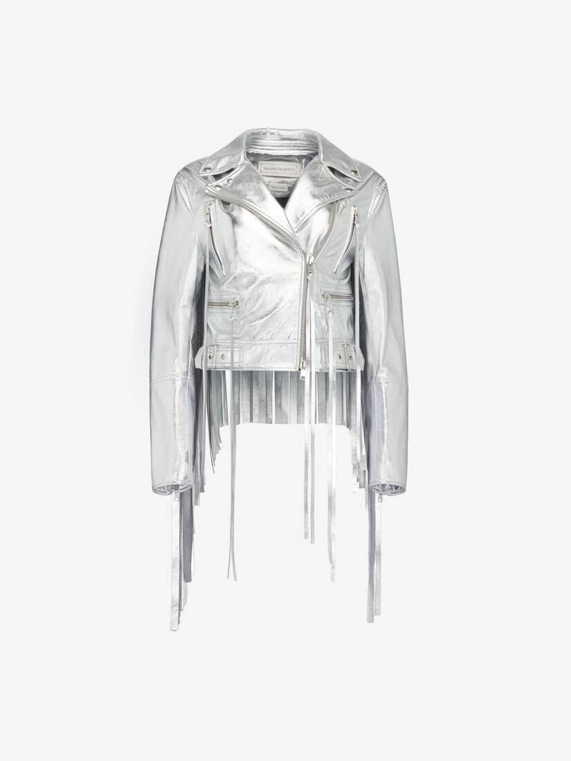 Women's Fringed Biker Jacket in Silver - 1
