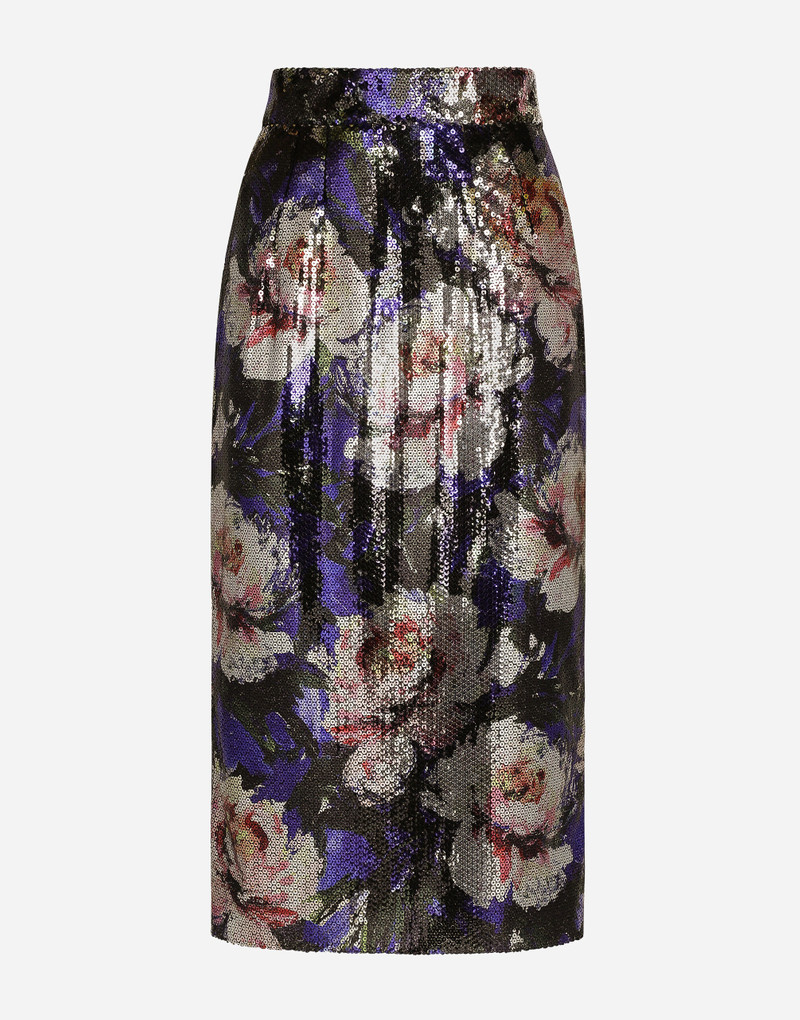 Sequined midi skirt with peony print - 1