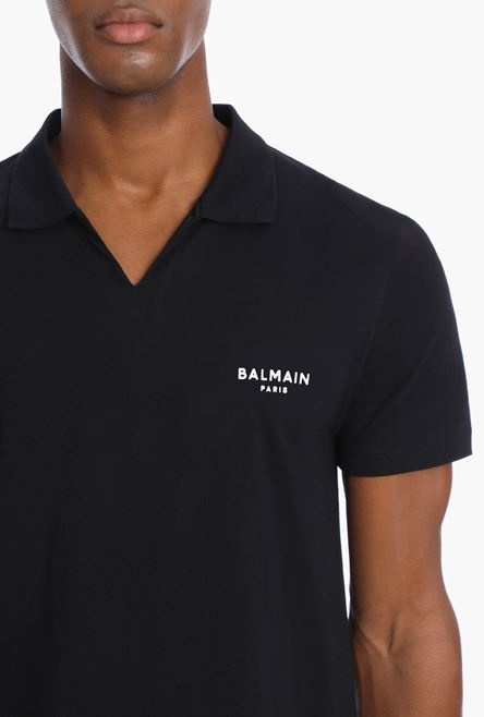 Black sustainable cotton polo with small white velvet Balmain Paris logo - 6