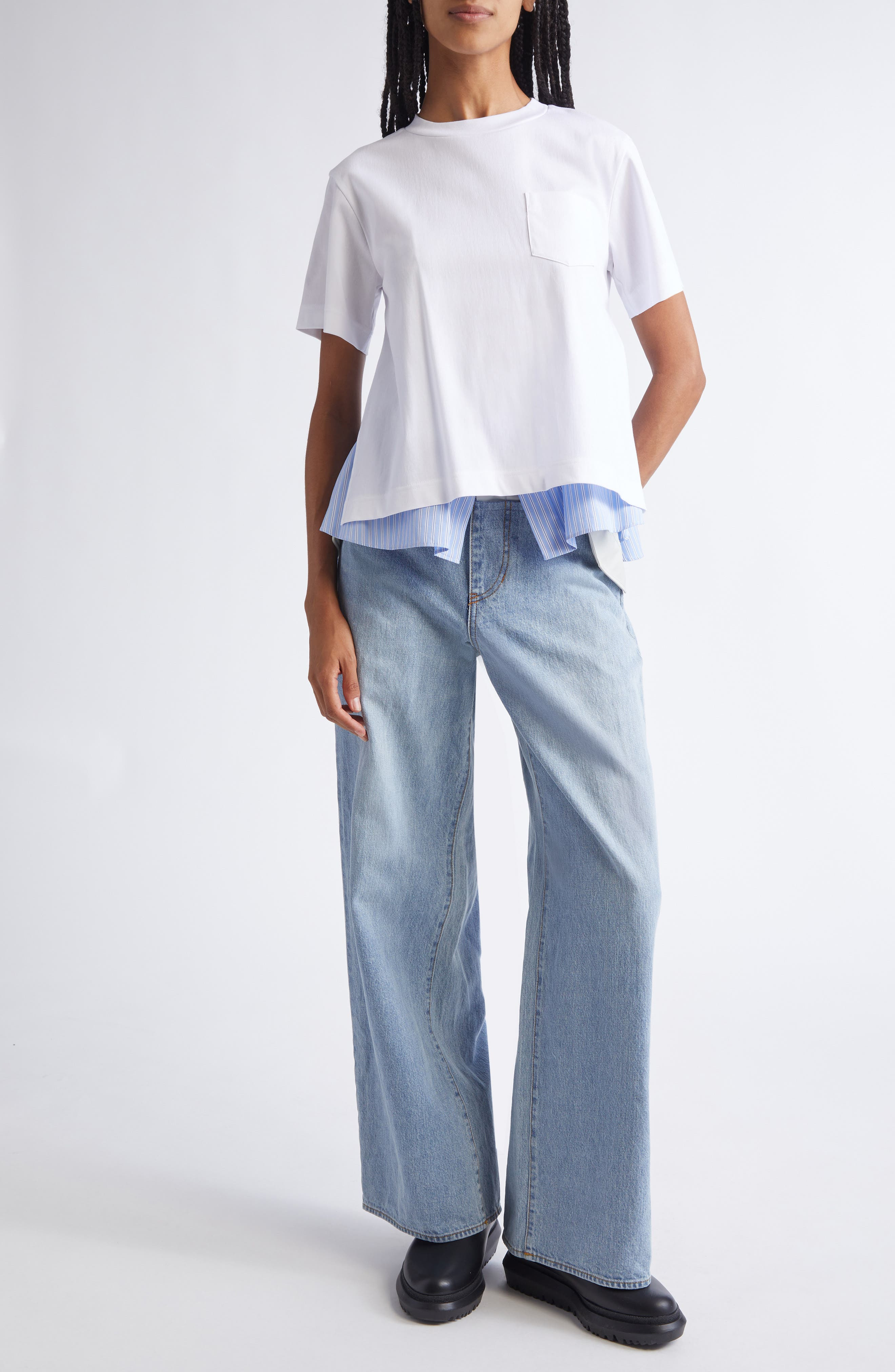 Sacai Baggy Mixed Media Jeans in Light Blue/Light Gray at Nordstrom - 2