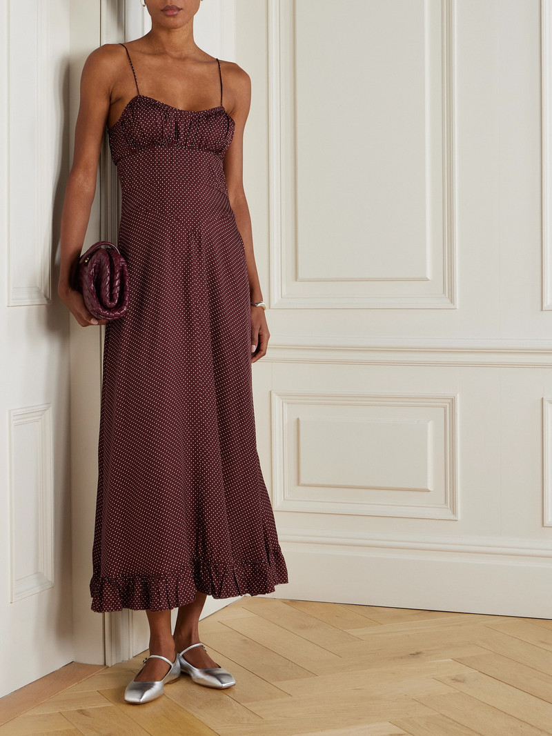 DÔEN Rosaria Gathered Polka-dot Silk-blend Midi Dress outlook