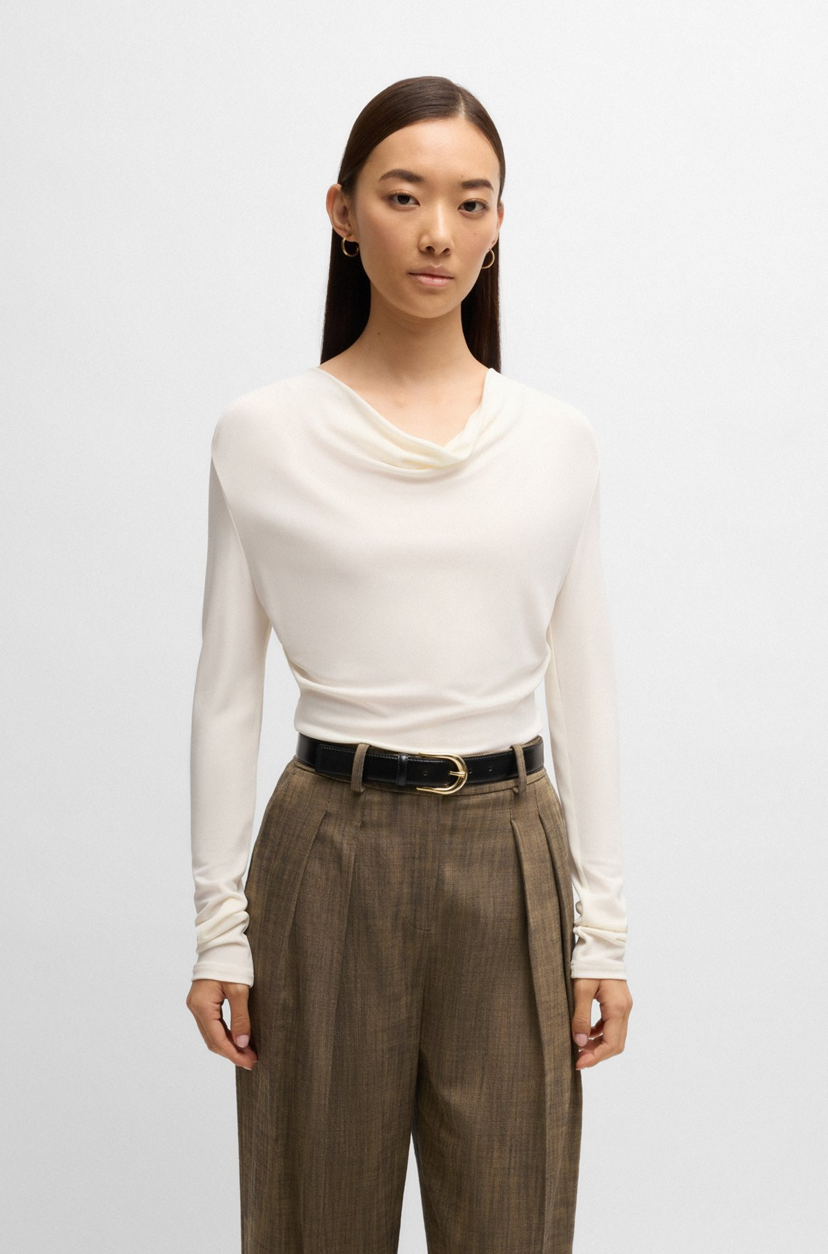 LONG-SLEEVED TOP IN STRETCH CREPE WITH COWL NECKLINE - 2