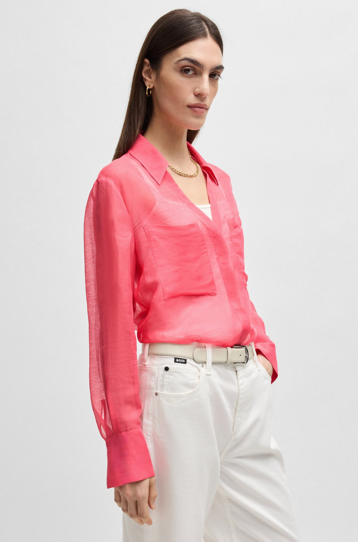 V-NECK BLOUSE IN RAMIE WITH COLLAR DETAIL - 6