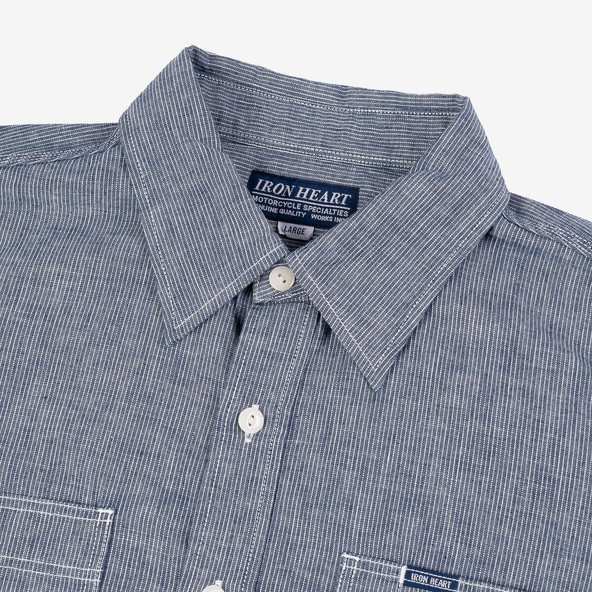 IHSH-285-PIN 5.5oz Selvedge Pinstripe Chambray Short Sleeve Work Shirt - Indigo - 6