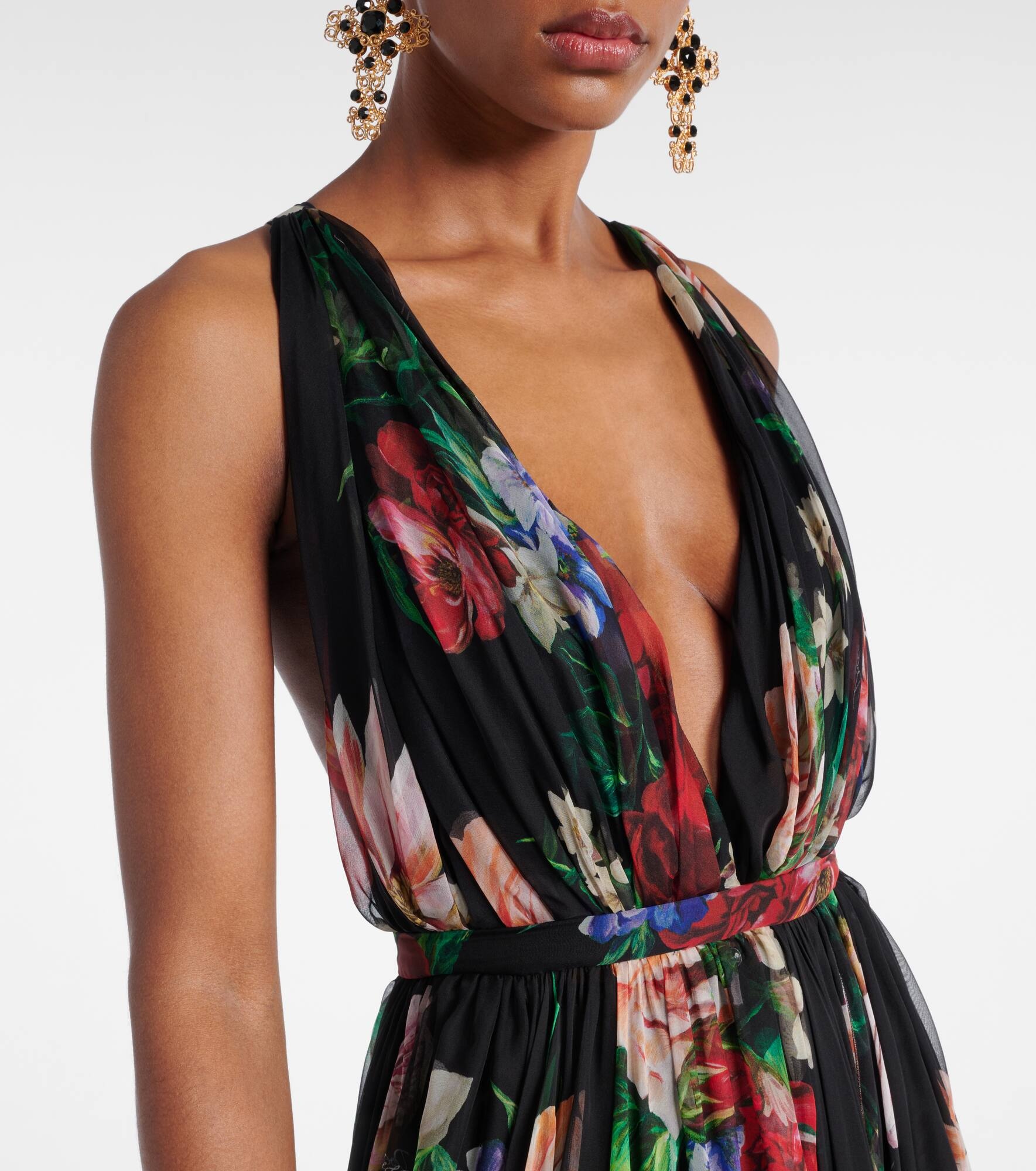 Floral pleated silk chiffon gown - 4