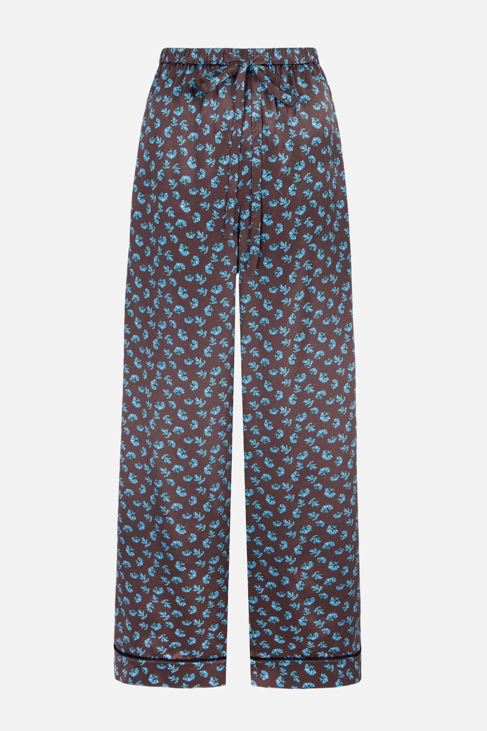 Ithaca Trousers In Ditsy Blue Marigold On Chocolate Silk Satin - 1
