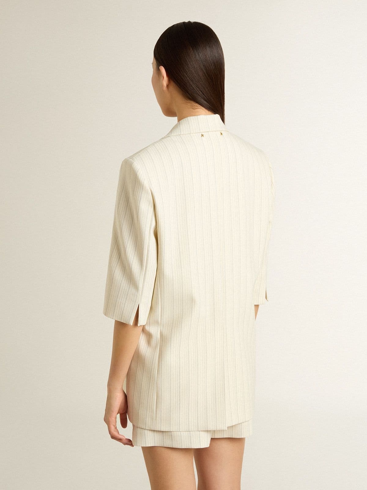 Women's blazer in white and gray pinstripe wool blend with short sleeves - 4