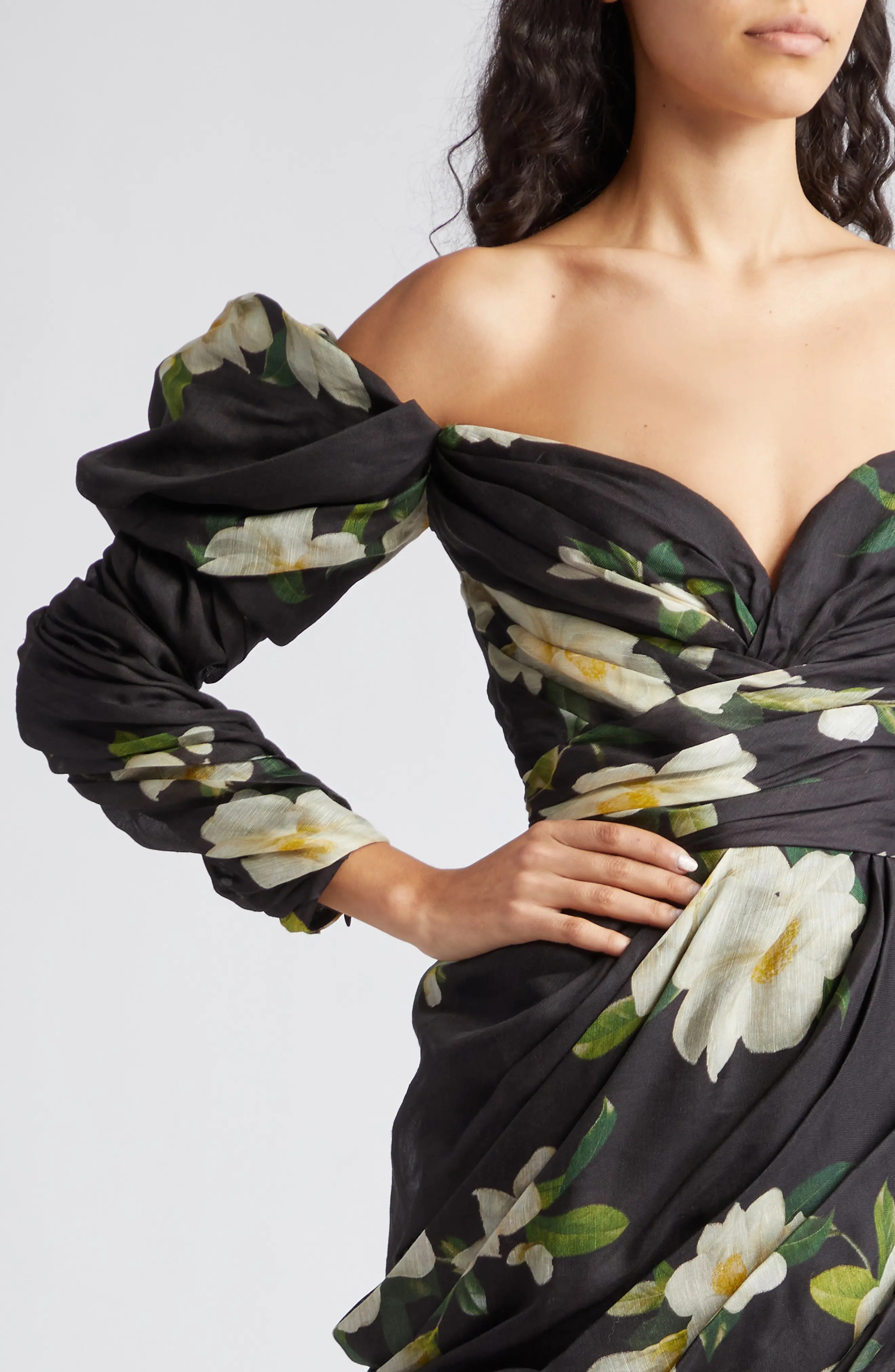 Harmony Floral Print Off the Shoulder Linen & Silk Minidress - 4