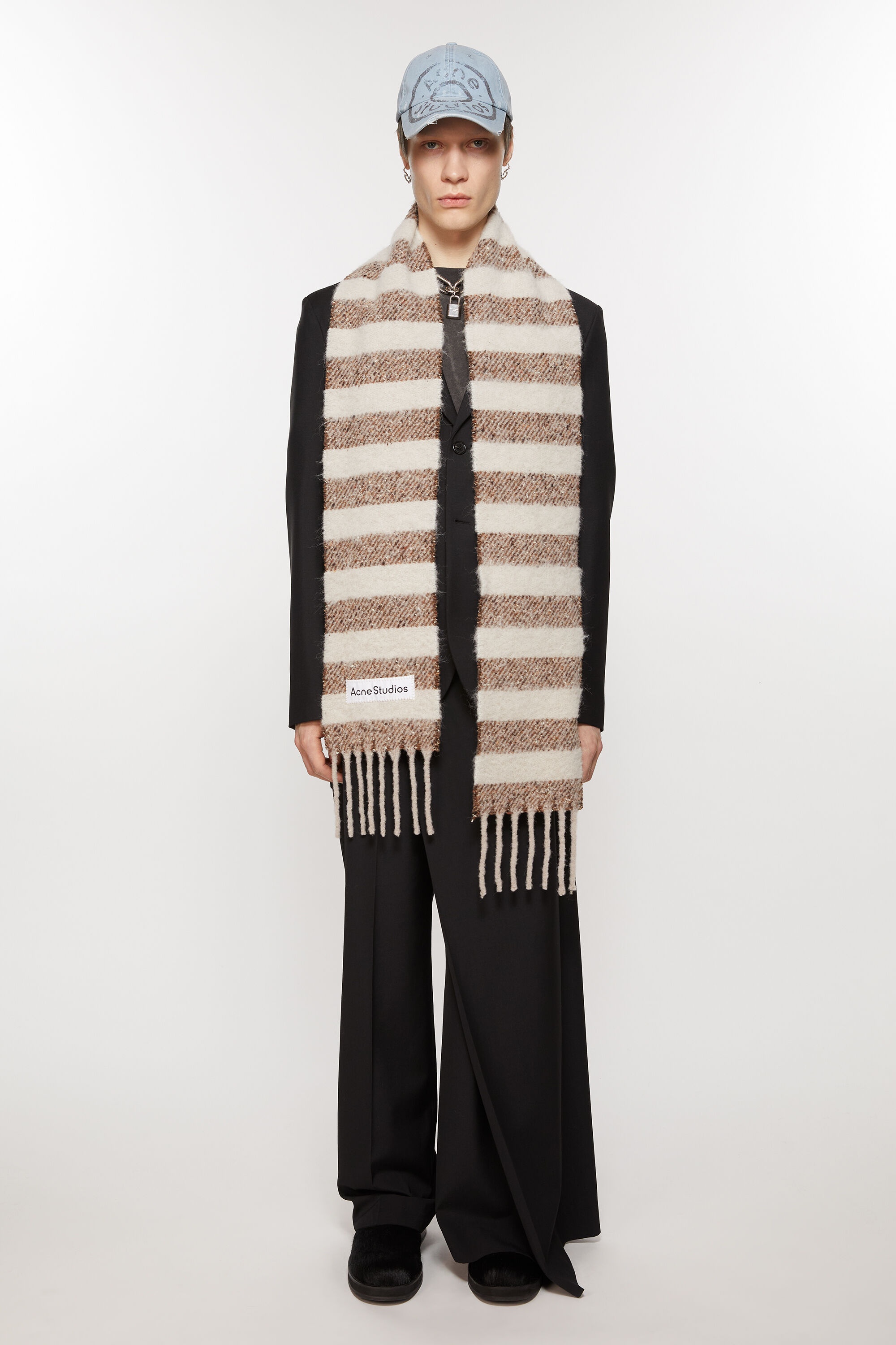 Stripe alpaca scarf - Narrow - Dark brown/beige - 3