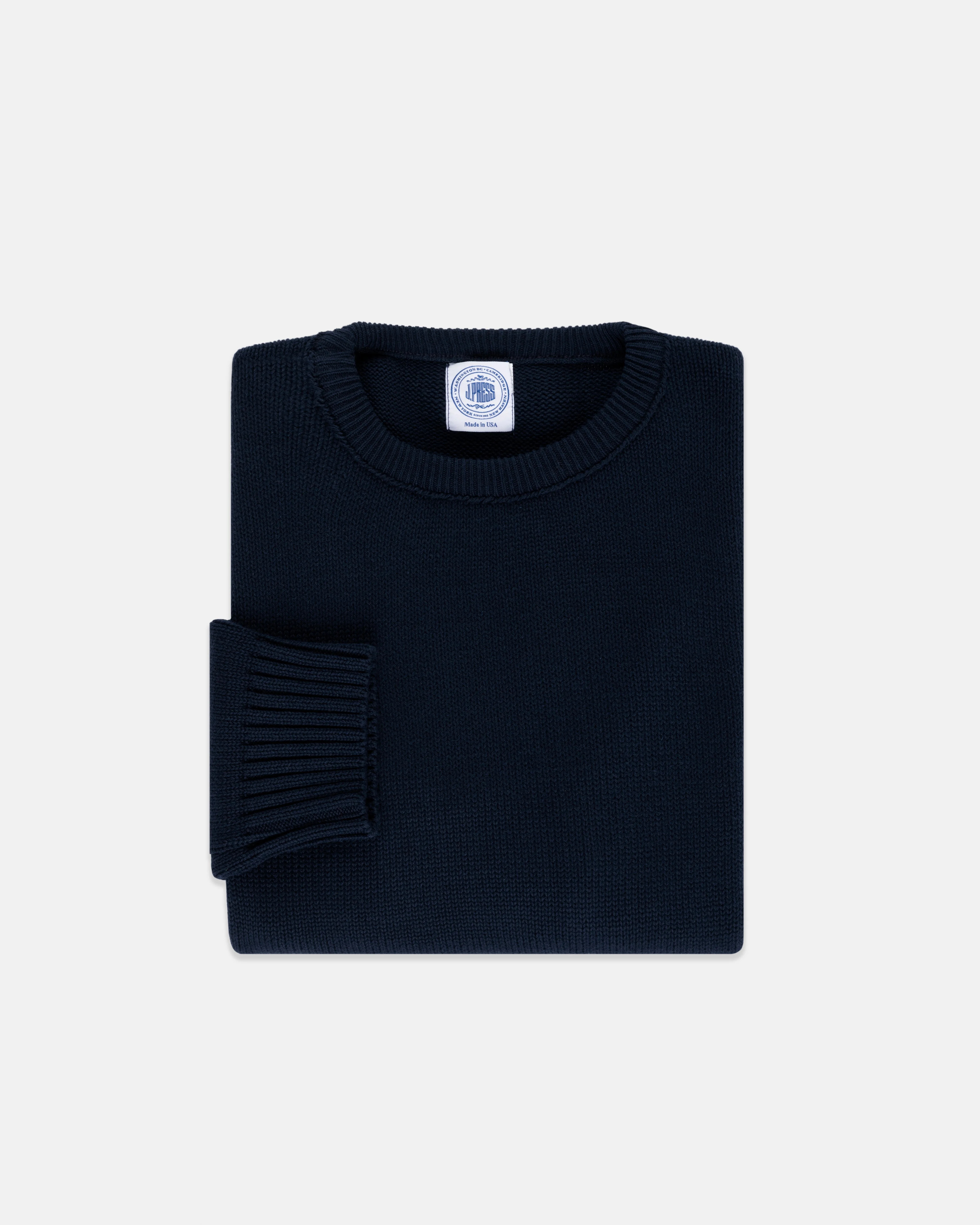 MADE-IN-USA NAVY CHUNKY COTTON CREWNECK SWEATER - 1