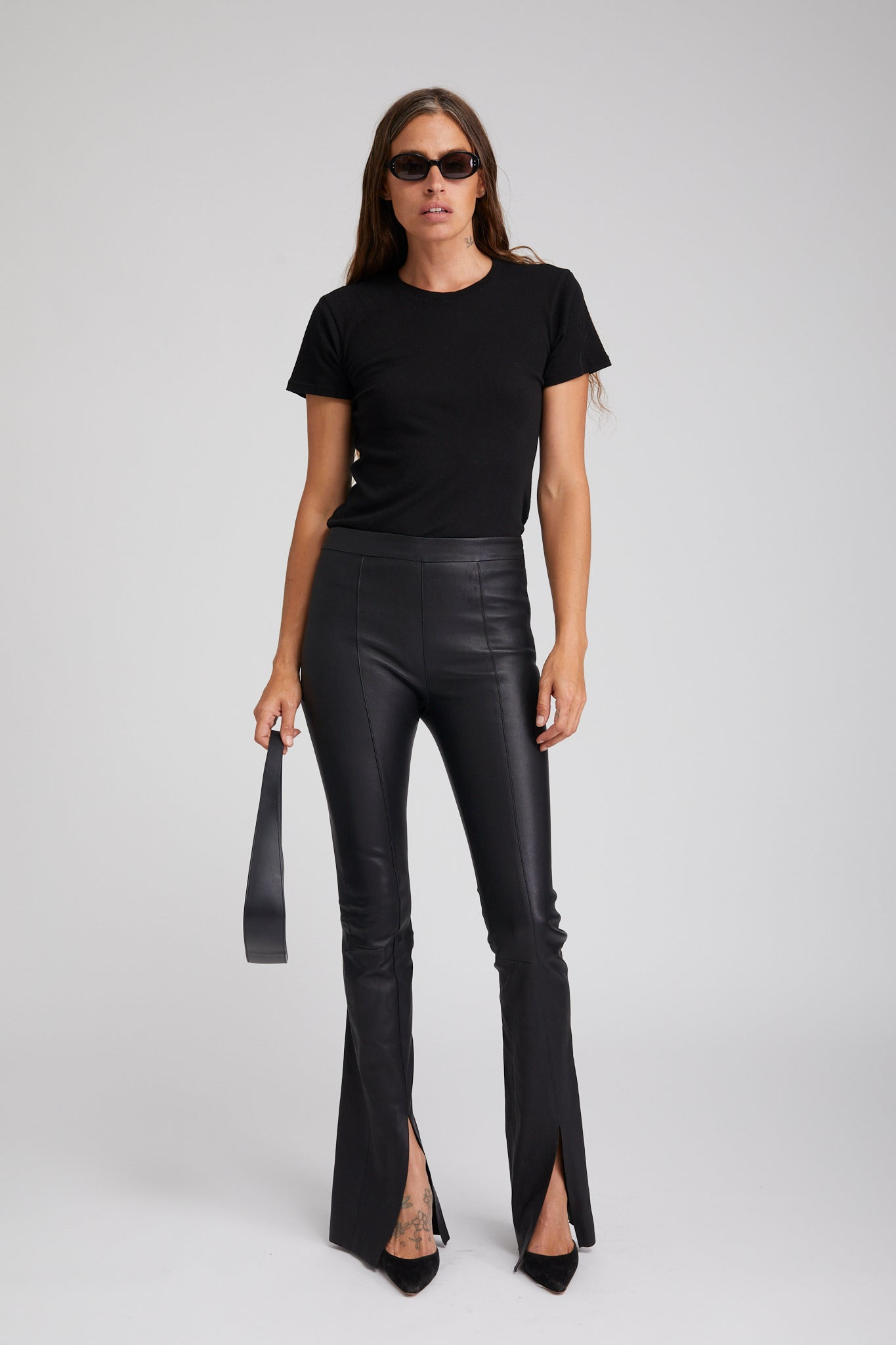 BLACK LEATHER FRONT SLIT MICRO FLARE PANTS - 1