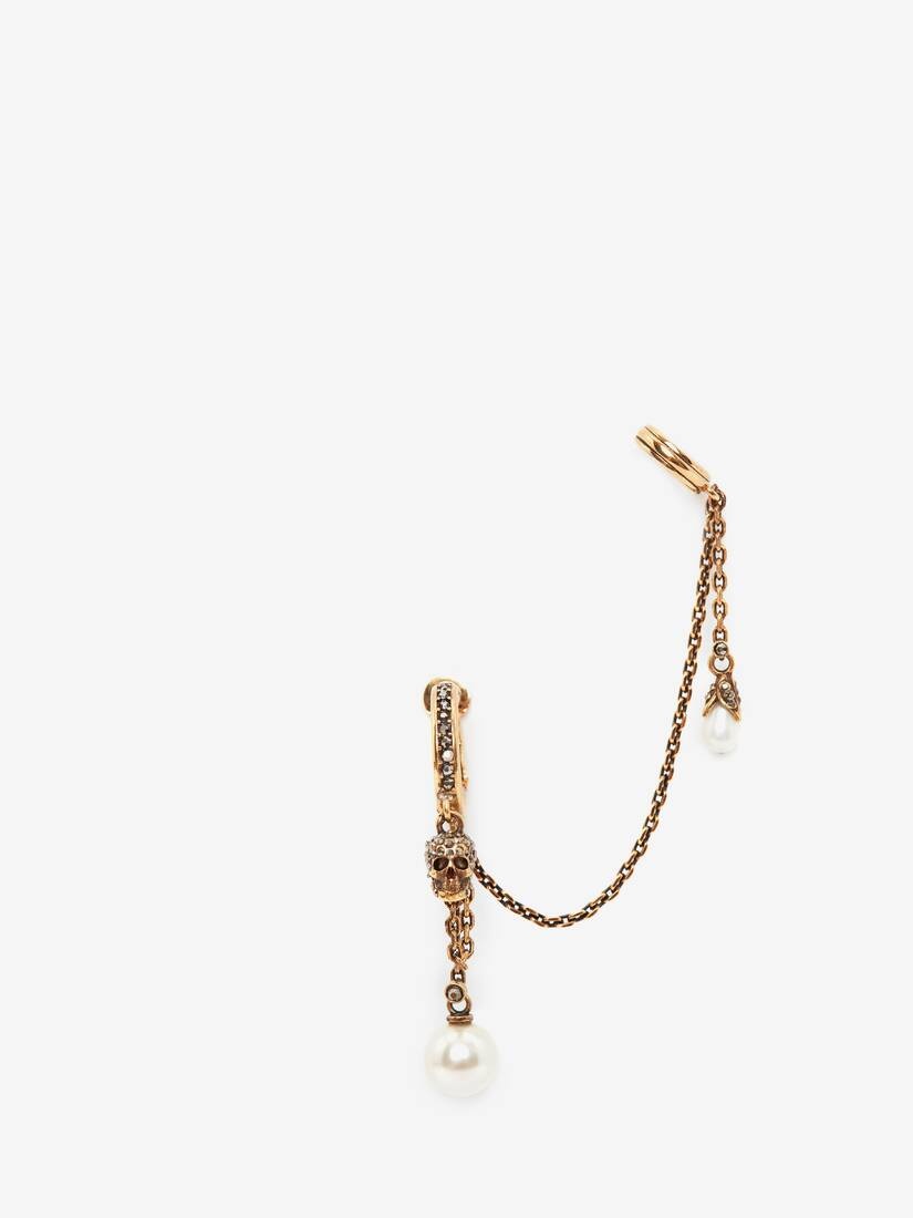 Pearly Skull Chain Ear Cuff in Antique Gold - 1