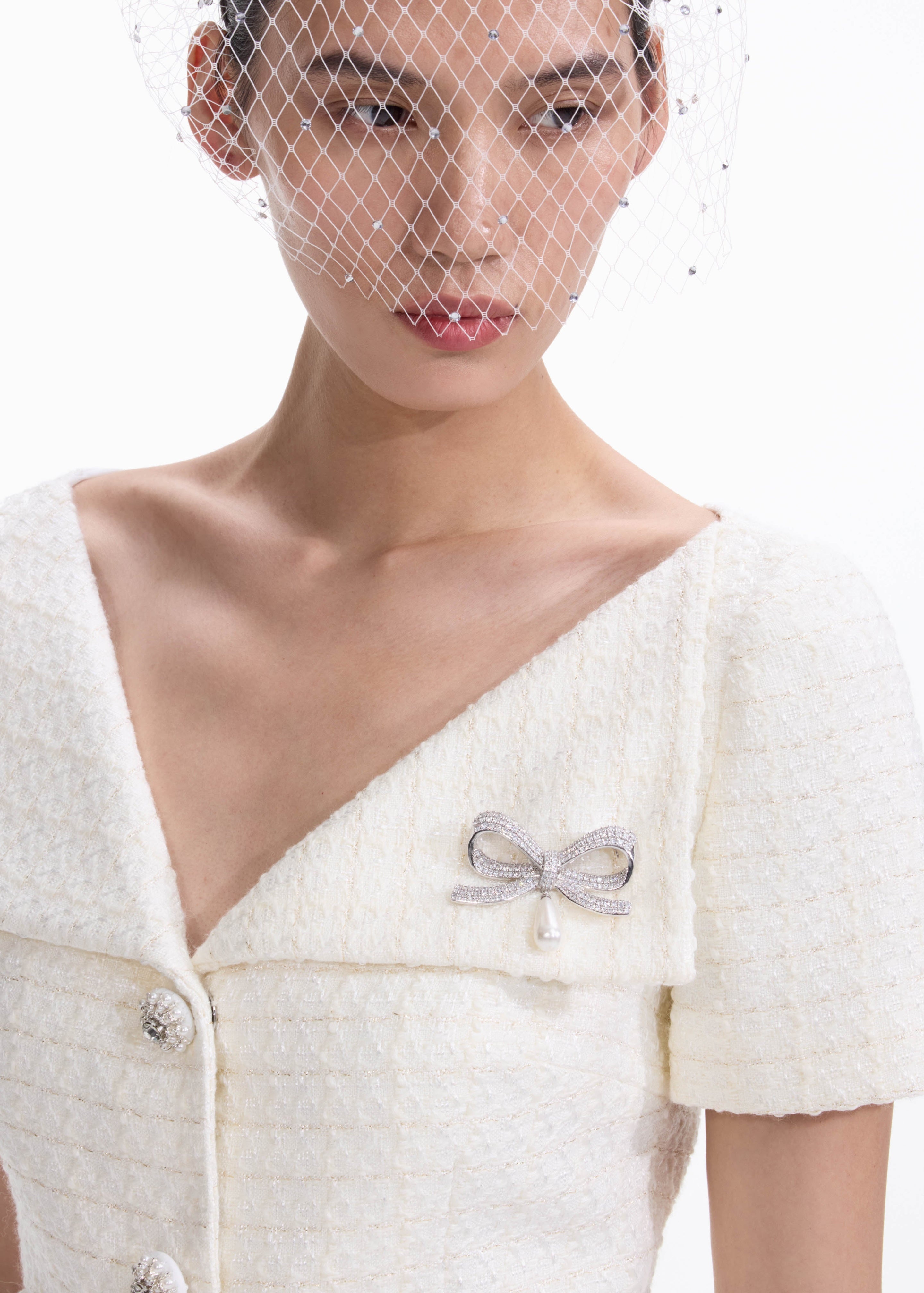 Crystal Bow Pearl Droplet Brooch - 3