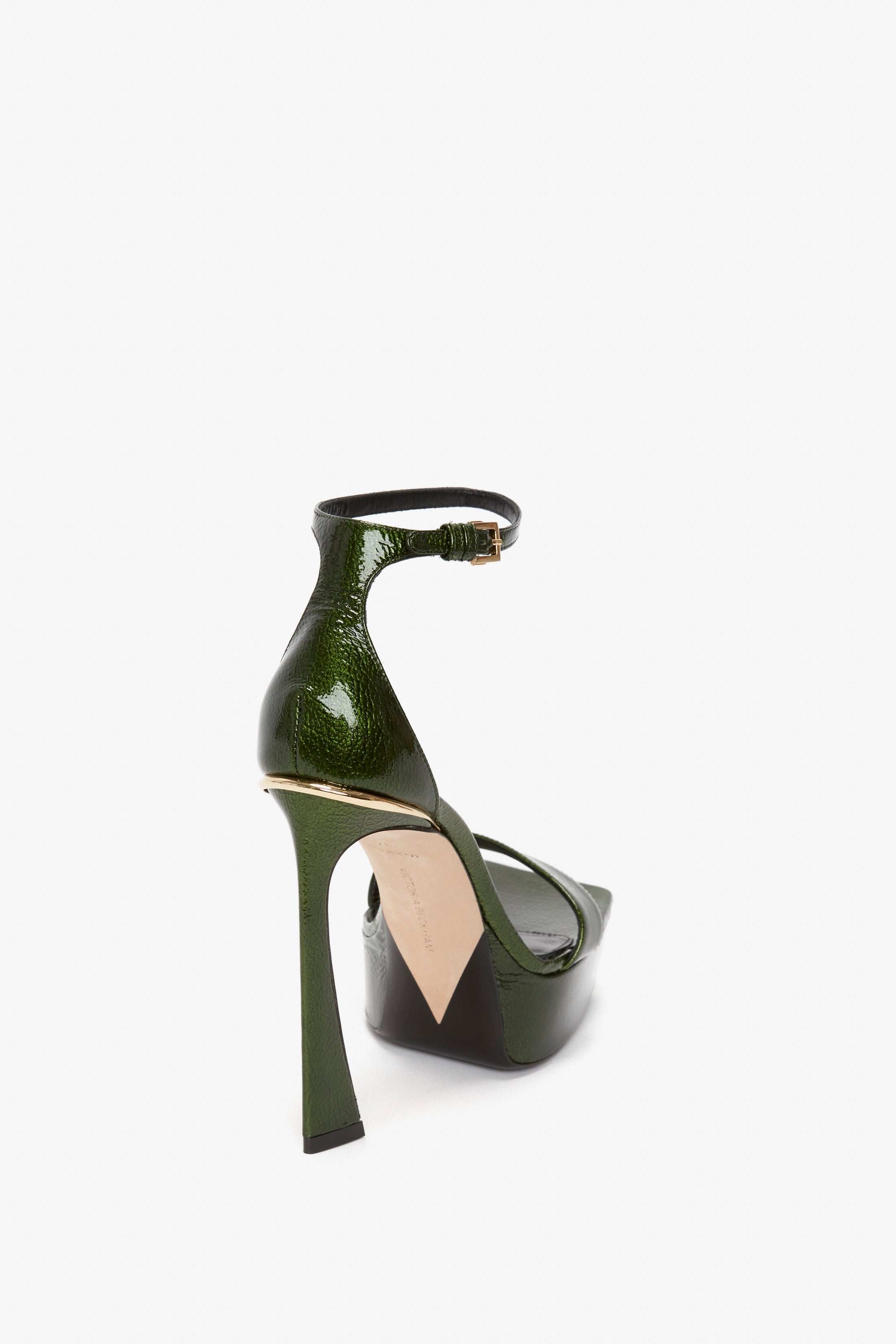 Squared Toe Platform Sandal in Green Grained Patent - 3