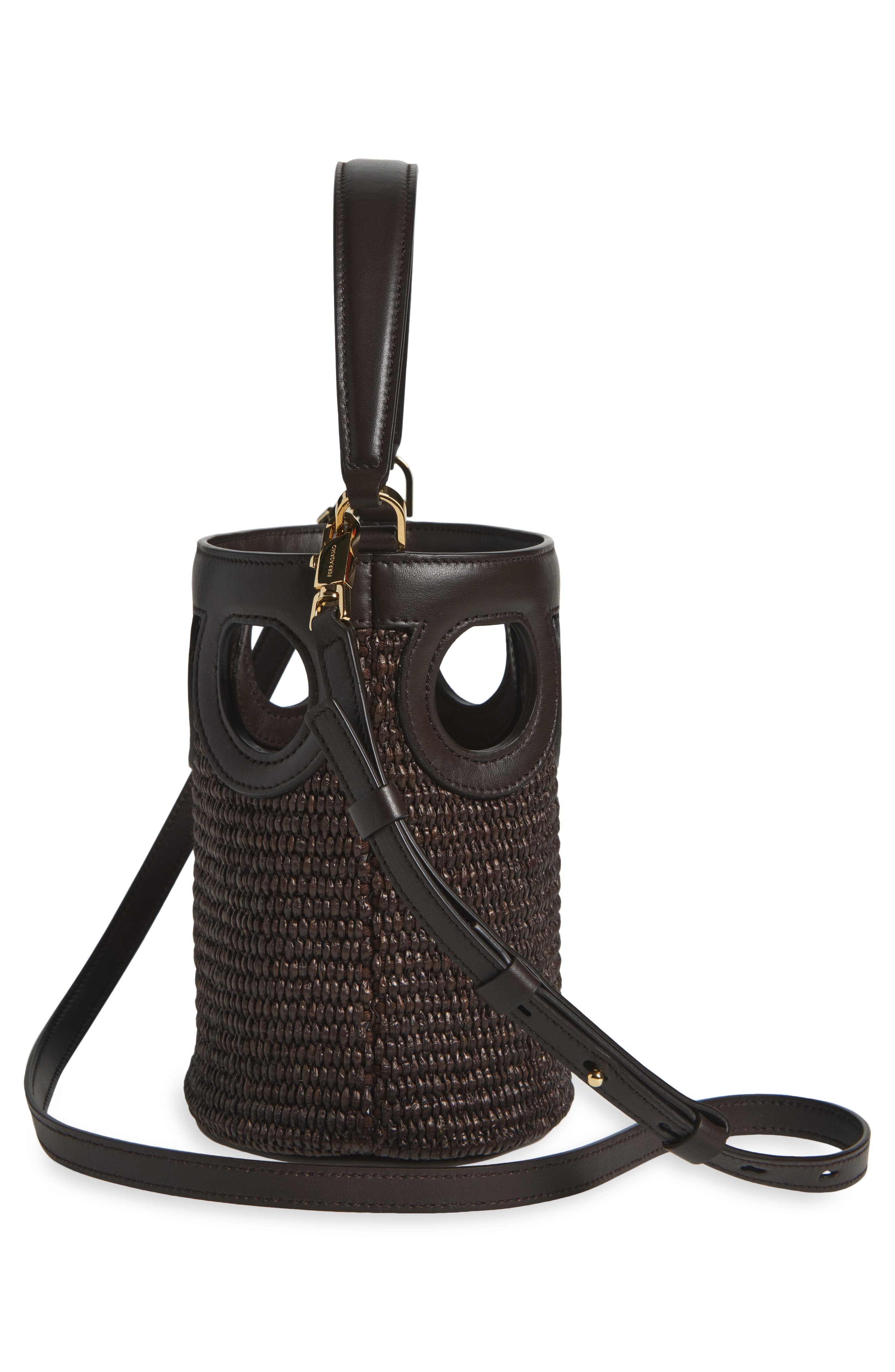 FERRAGAMO Mini Gancio Outline Raffia Bucket Bag in T Moro/Testa Di Moro at Nordstrom - 6