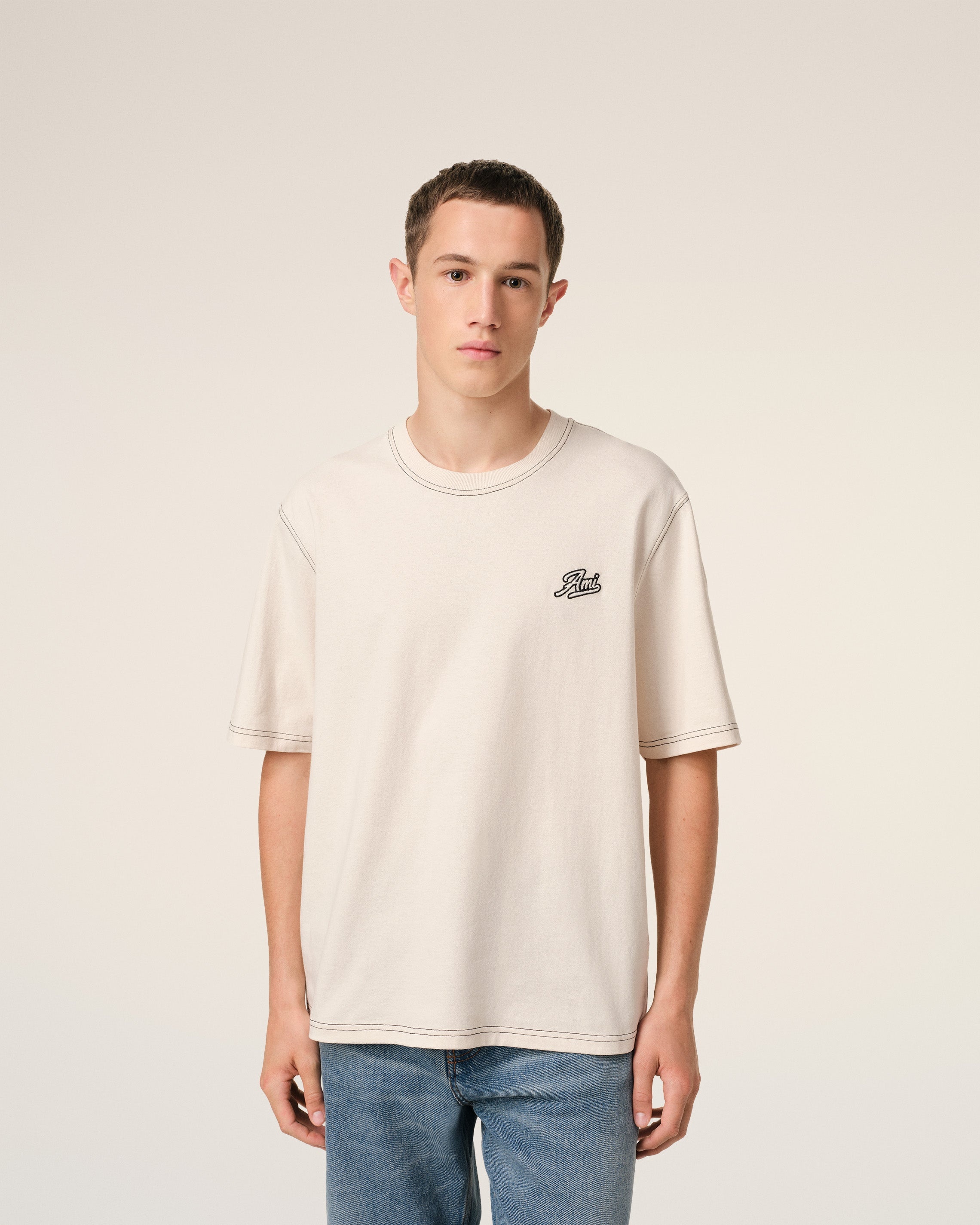 BEIGE COTTON AMI SIGNATURE T-SHIRT - 3
