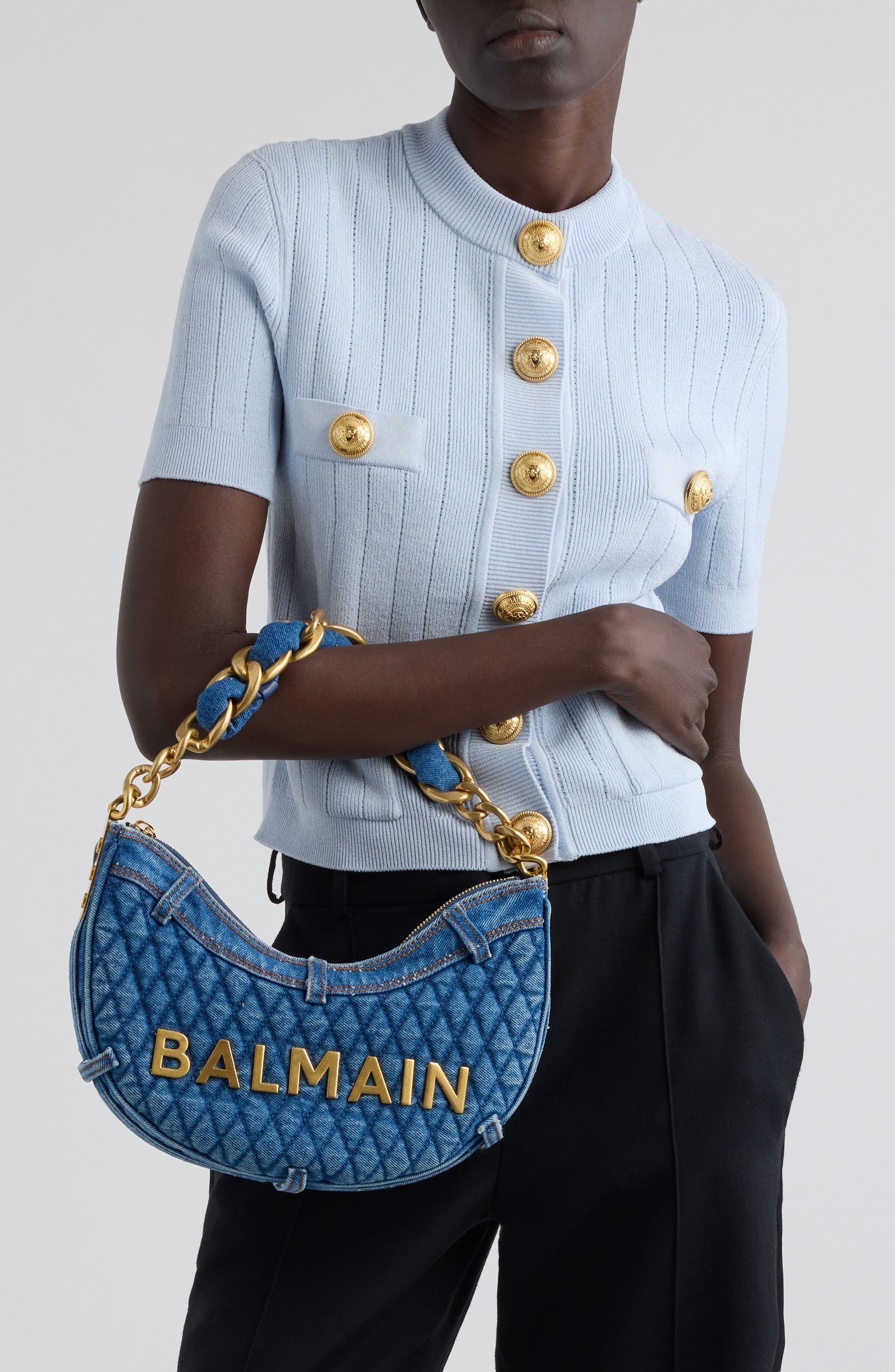 Balmain 1945 Soft Moon Quilted Denim Hobo Bag in 6Ff Denim at Nordstrom - 2