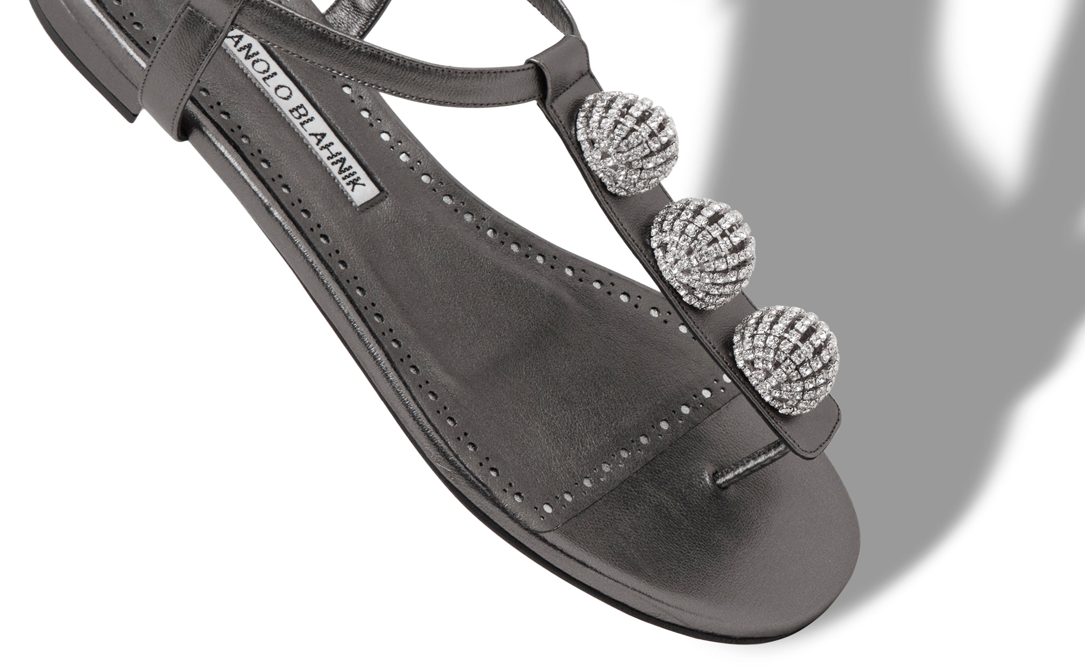 Silver Nappa Leather Embellished Flat Sandals - 4