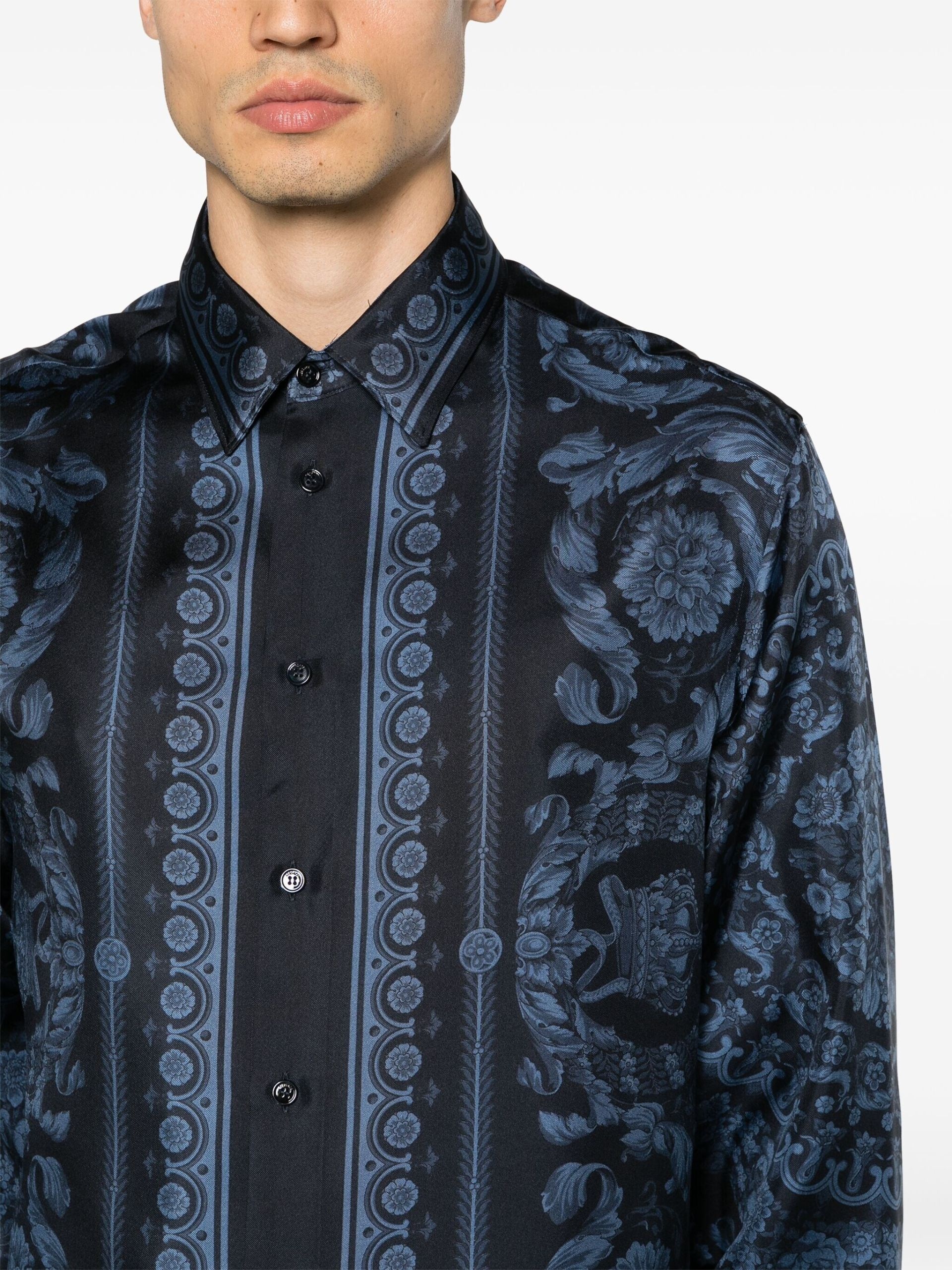Blue Barocco-print silk shirt - 5