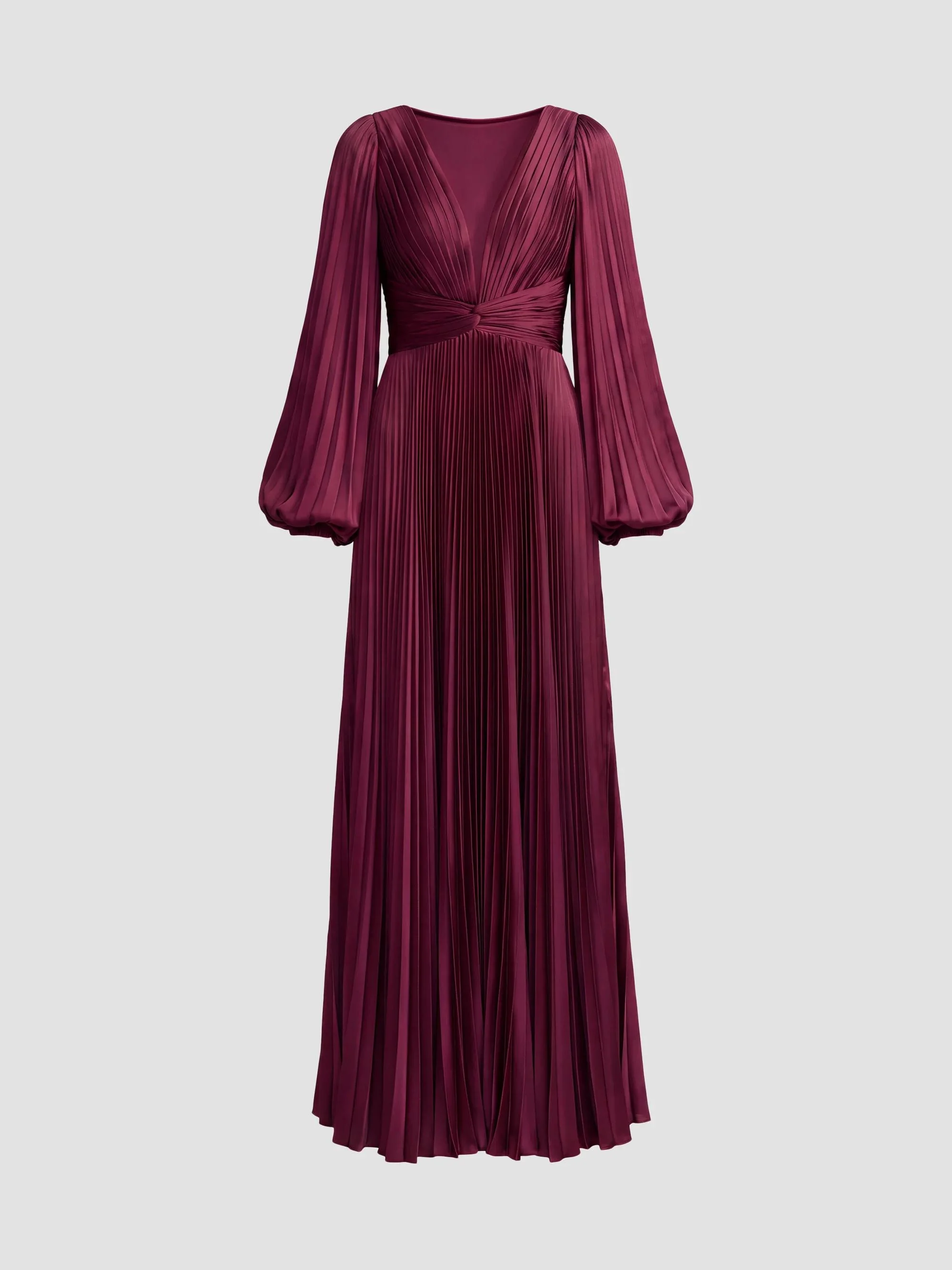 Women's Pleated Charmeuse Deep V-Neck Gown - Wine - 1