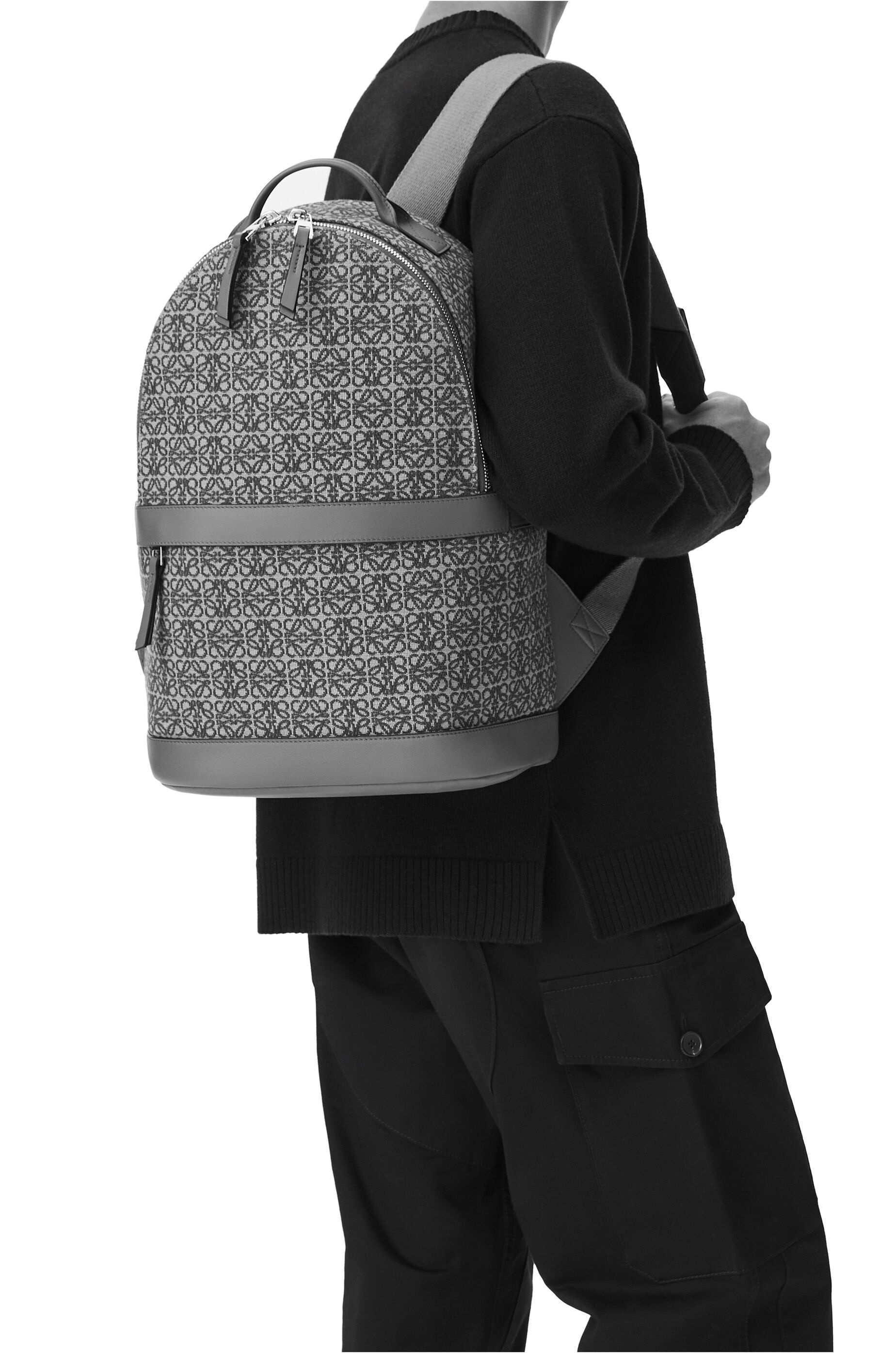 Round backpack in Anagram jacquard and calfskin - 7