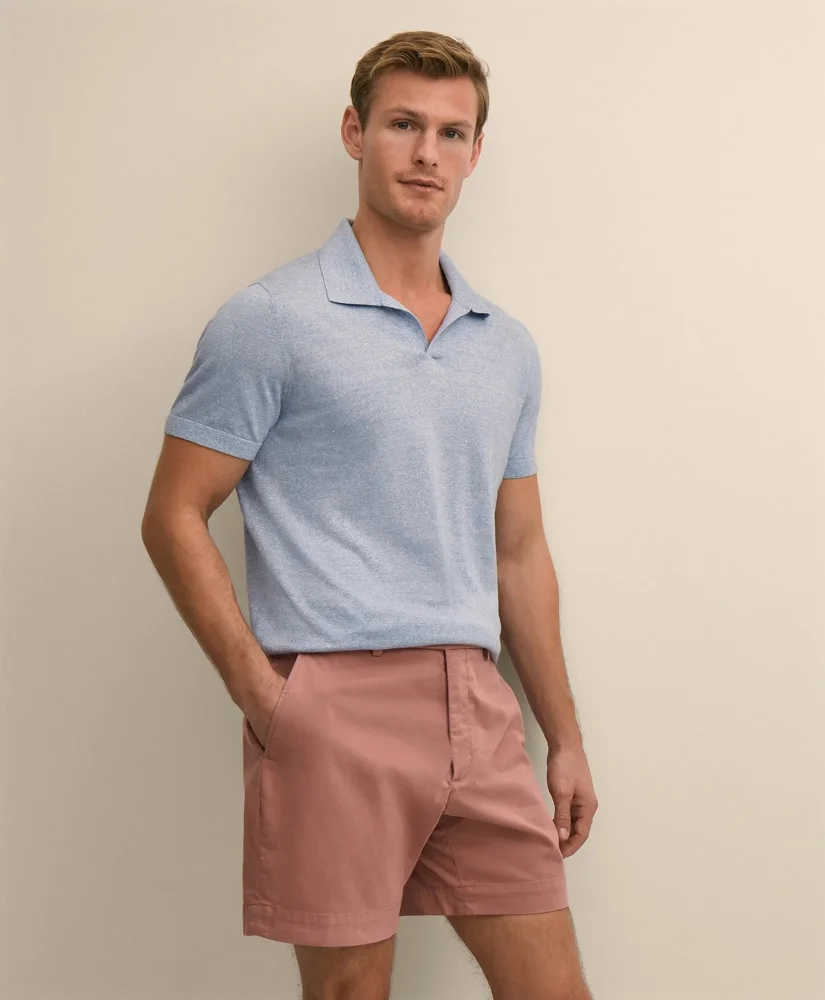 Linen-Cotton-Cashmere Short-Sleeve Mouliné Johnny Collar Sweater - 1