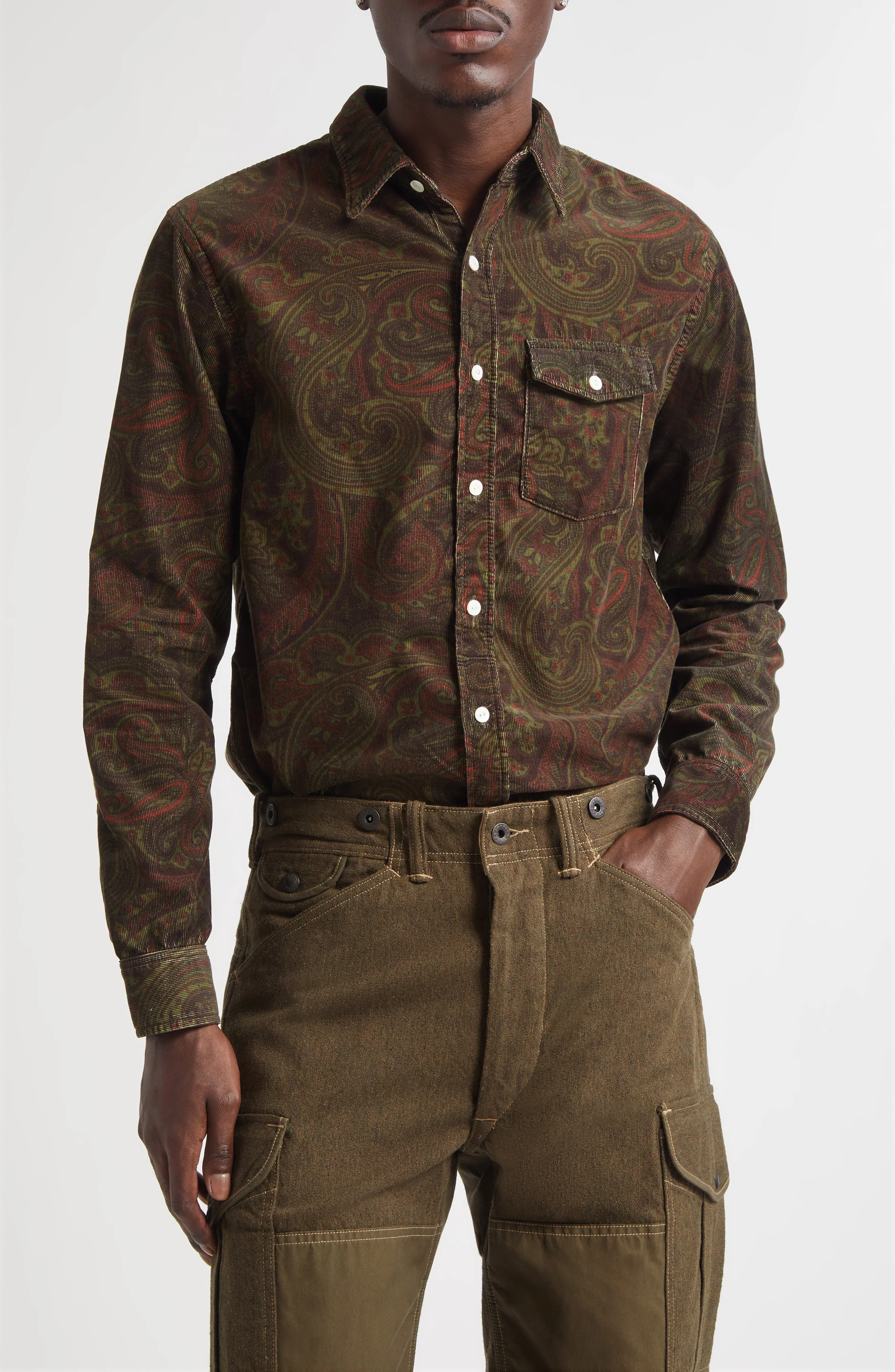 Double RL Paisley Print Cotton Corduroy Button-Up Work Shirt in Brown Multi at Nordstrom - 1
